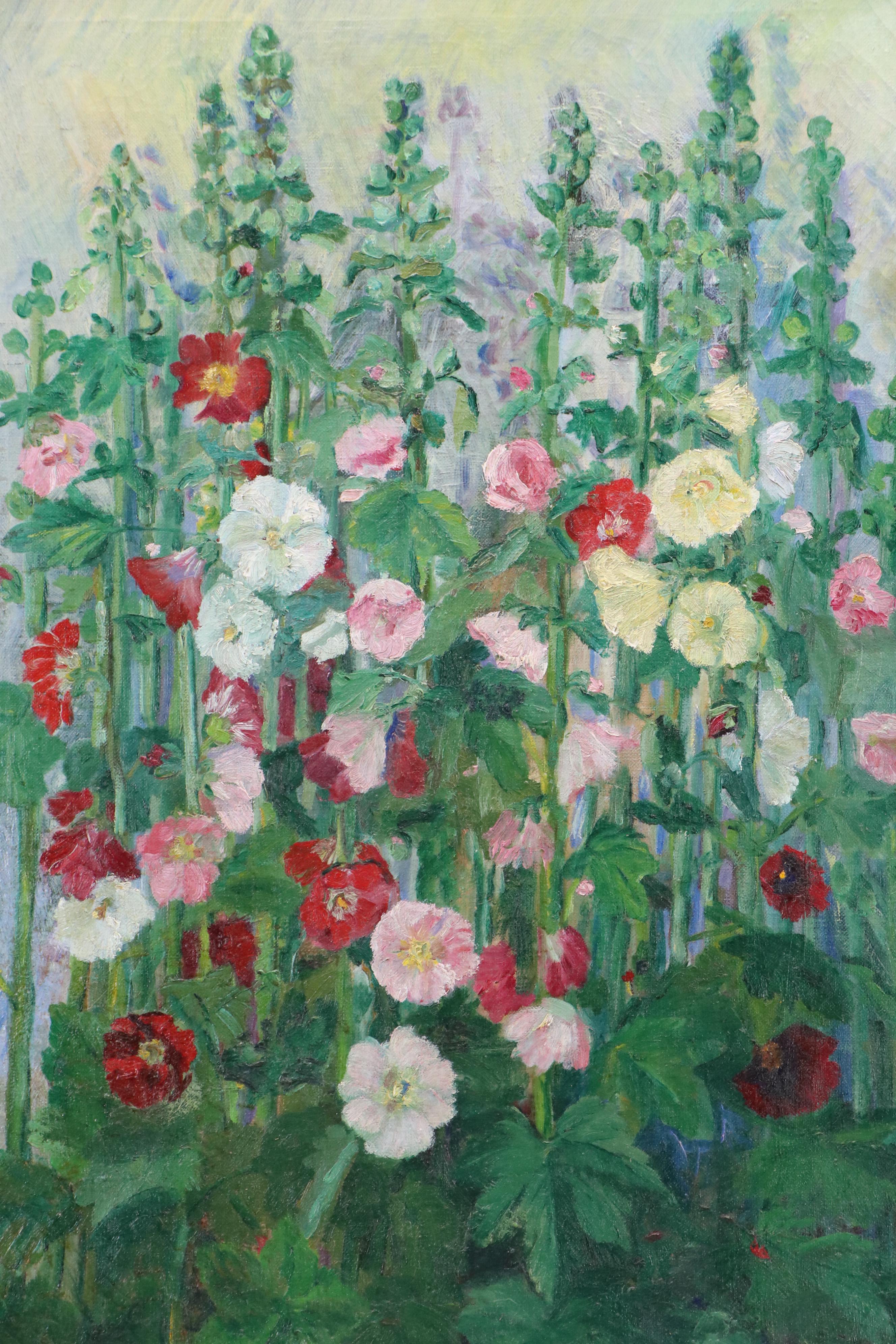 Emma Eyles Sangernebo Oil Painting of Impressionistic Hollyhocks, 1938