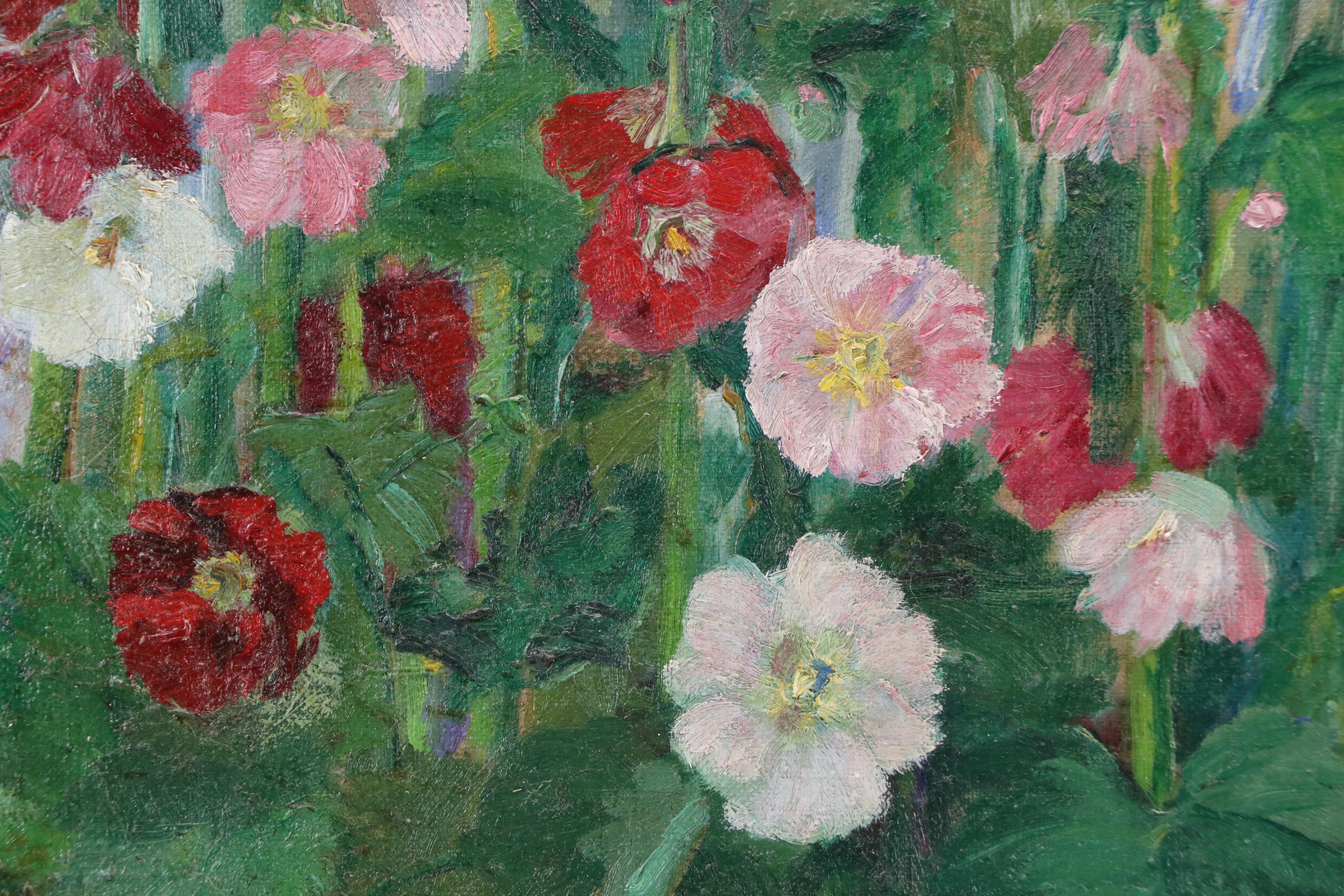 Emma Eyles Sangernebo Oil Painting of Impressionistic Hollyhocks, 1938