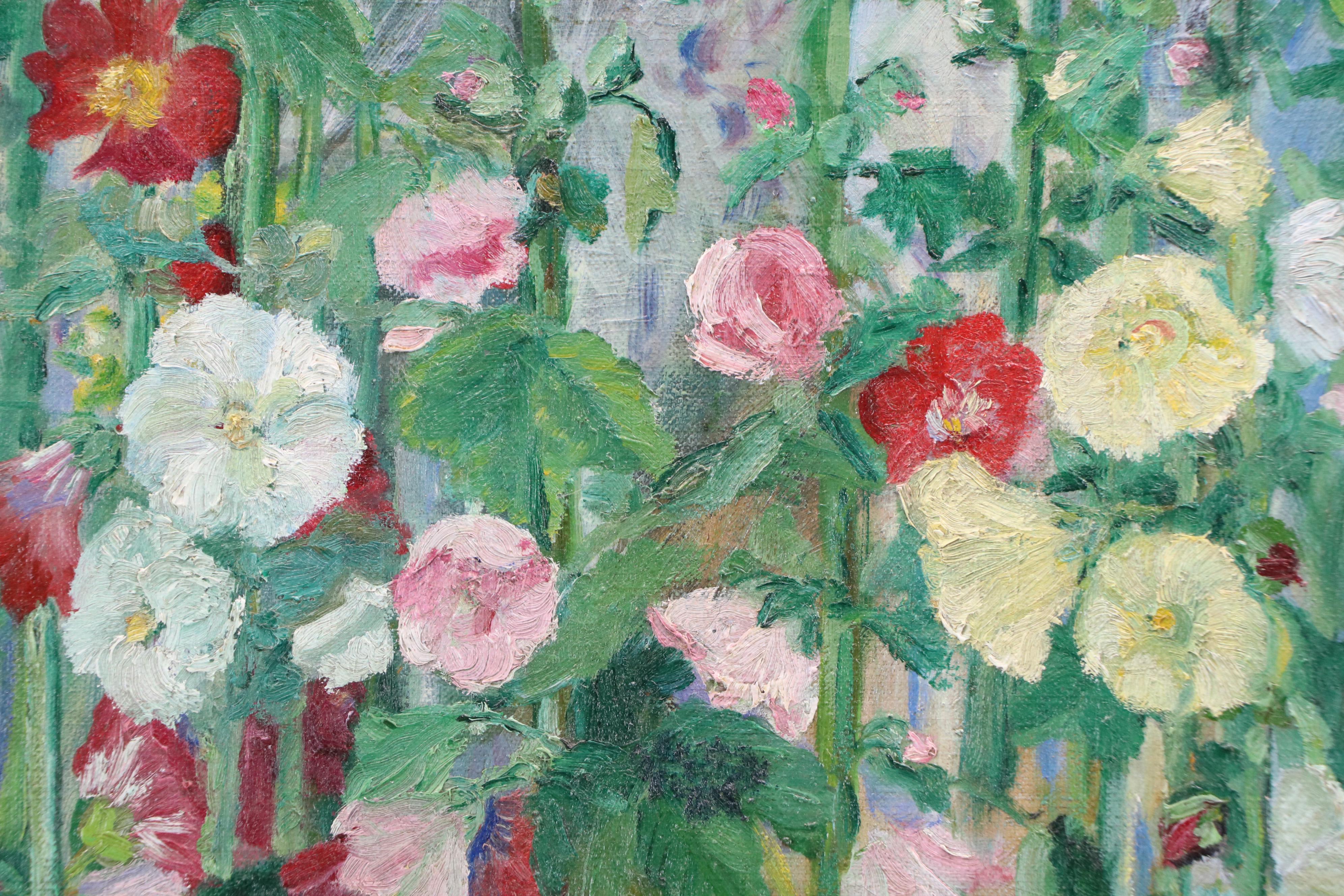 Emma Eyles Sangernebo Oil Painting of Impressionistic Hollyhocks, 1938
