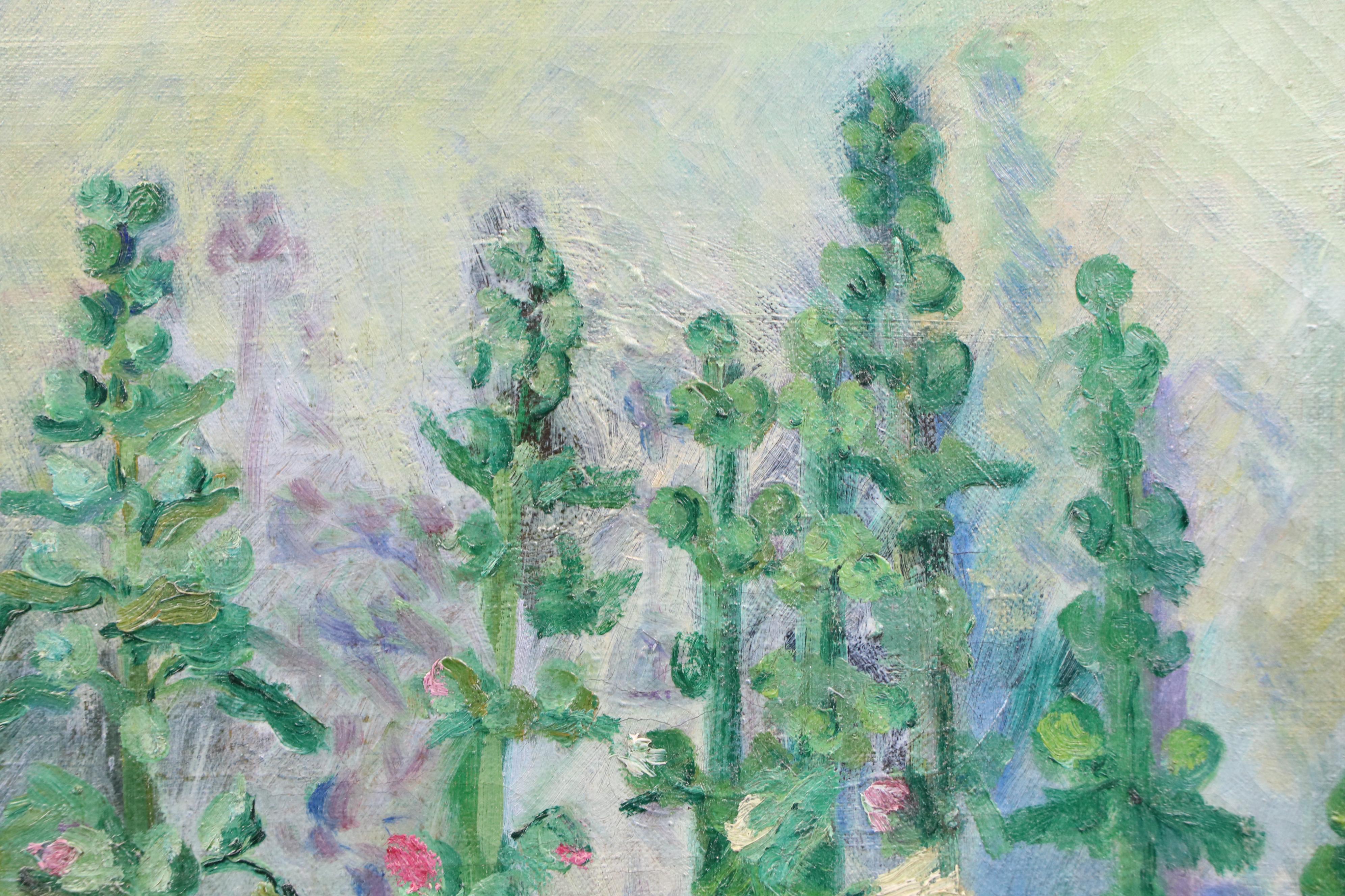 Emma Eyles Sangernebo Oil Painting of Impressionistic Hollyhocks, 1938