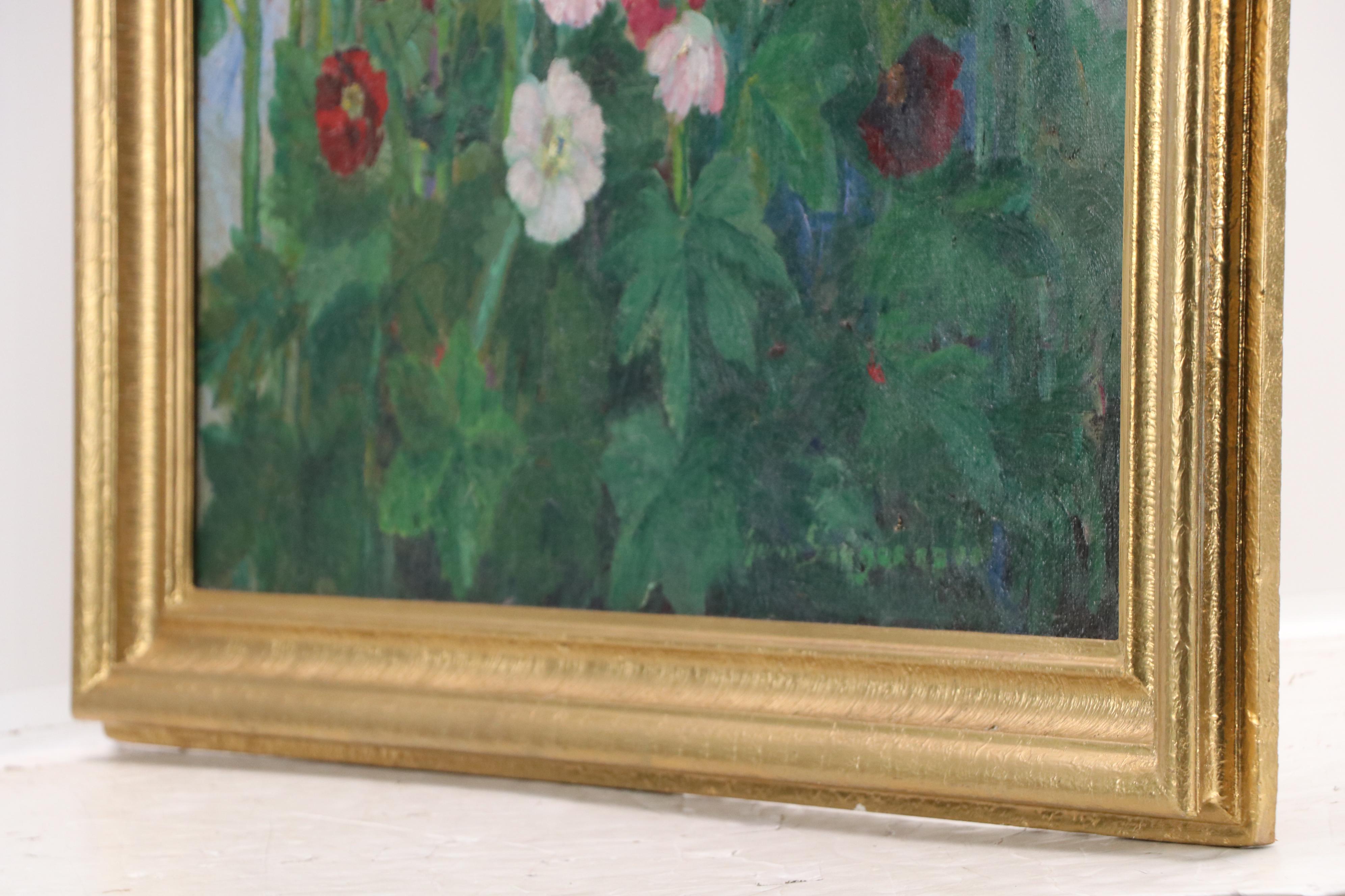 Emma Eyles Sangernebo Oil Painting of Impressionistic Hollyhocks, 1938