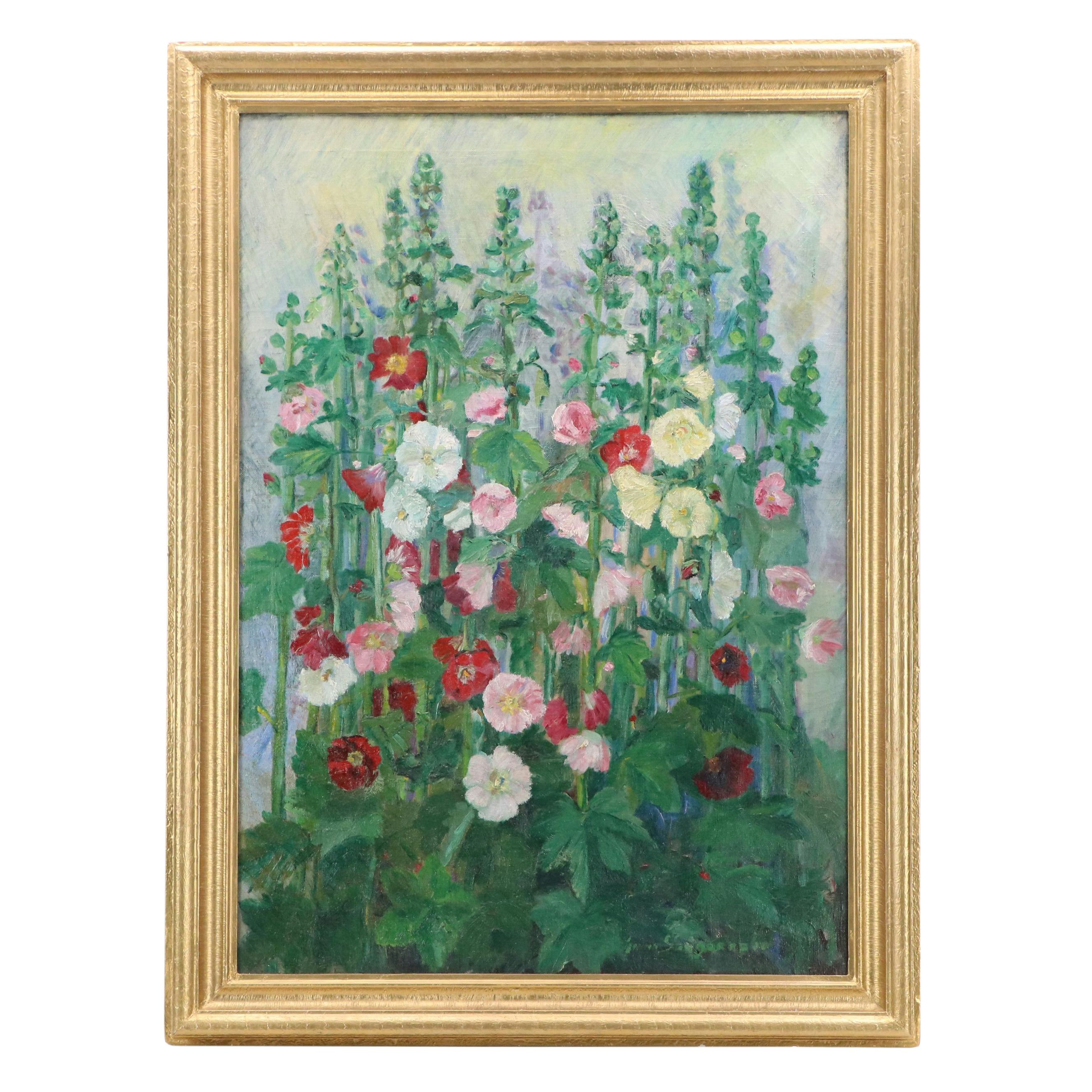 Emma Eyles Sangernebo Oil Painting of Impressionistic Hollyhocks, 1938