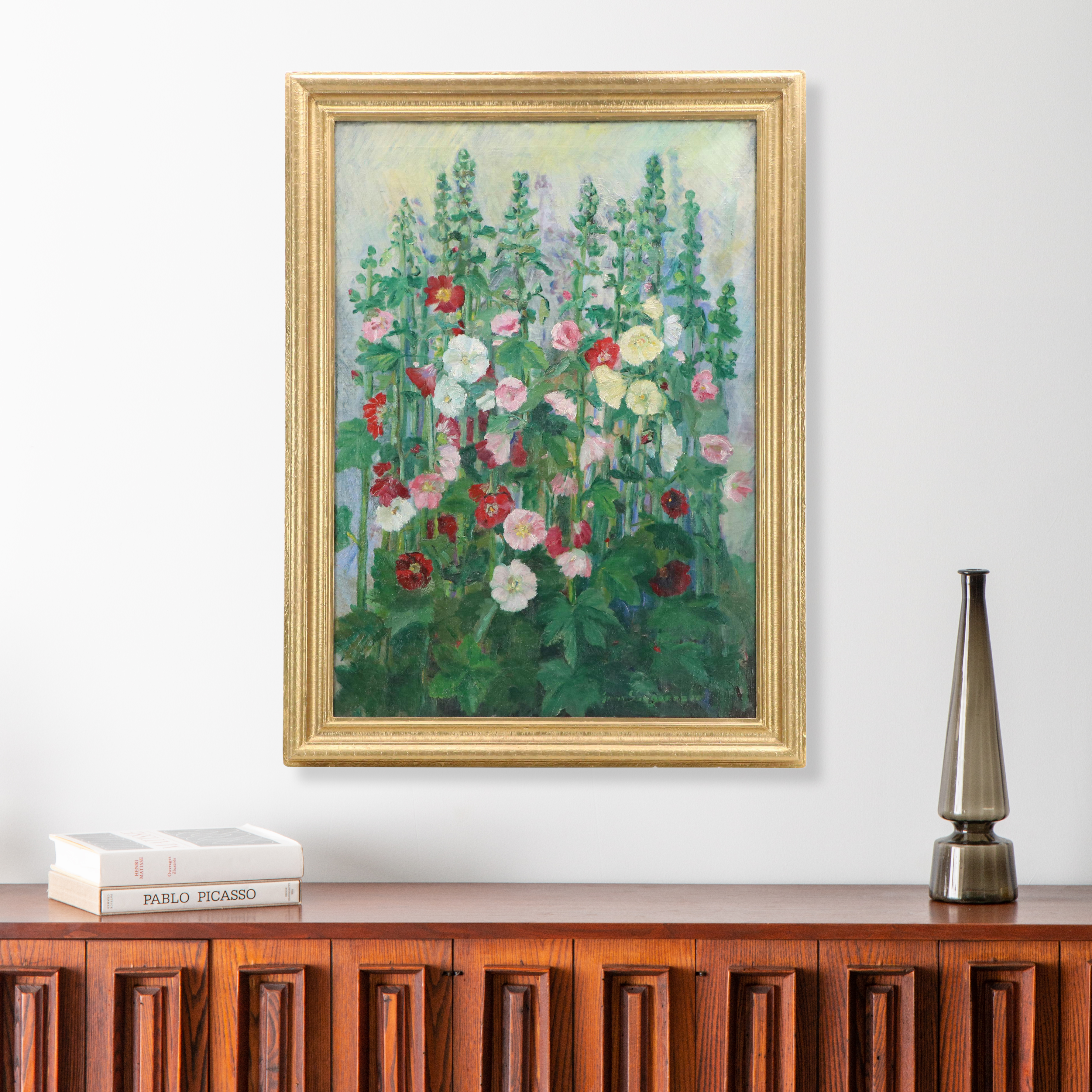 Emma Eyles Sangernebo Oil Painting of Impressionistic Hollyhocks, 1938