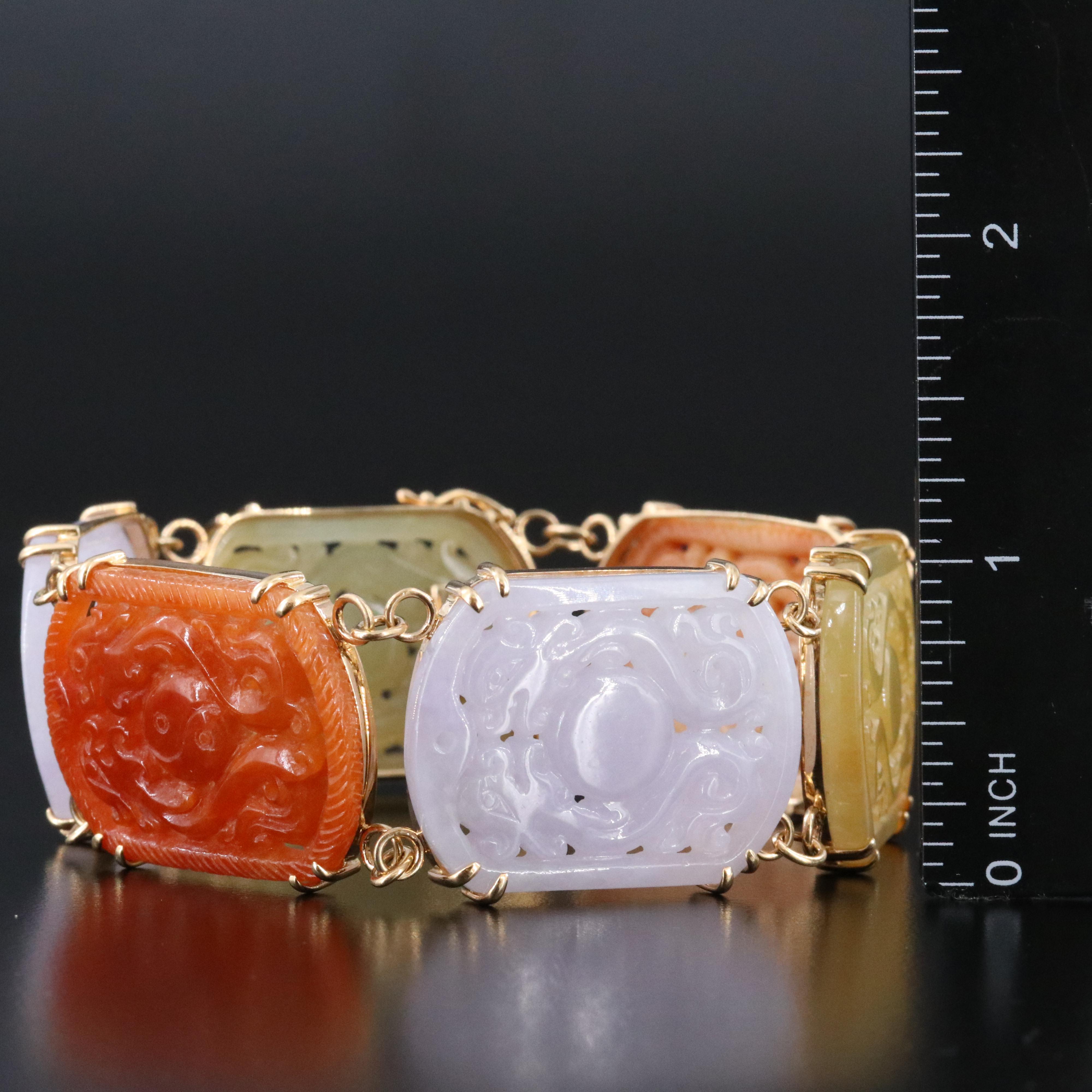 14K Carved Jadeite Panel Bracelet with Yin-Yang and Longevity Symbols