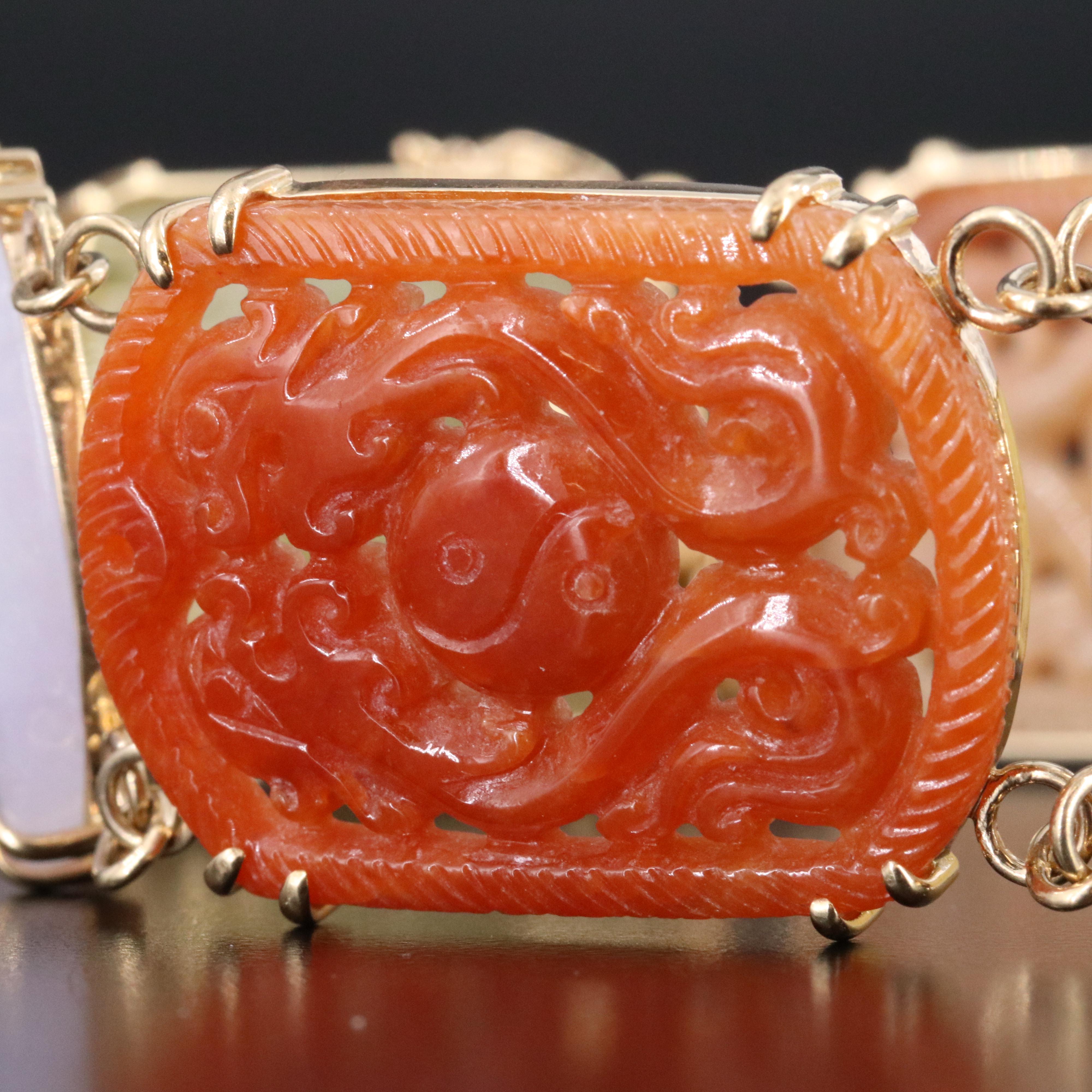 14K Carved Jadeite Panel Bracelet with Yin-Yang and Longevity Symbols