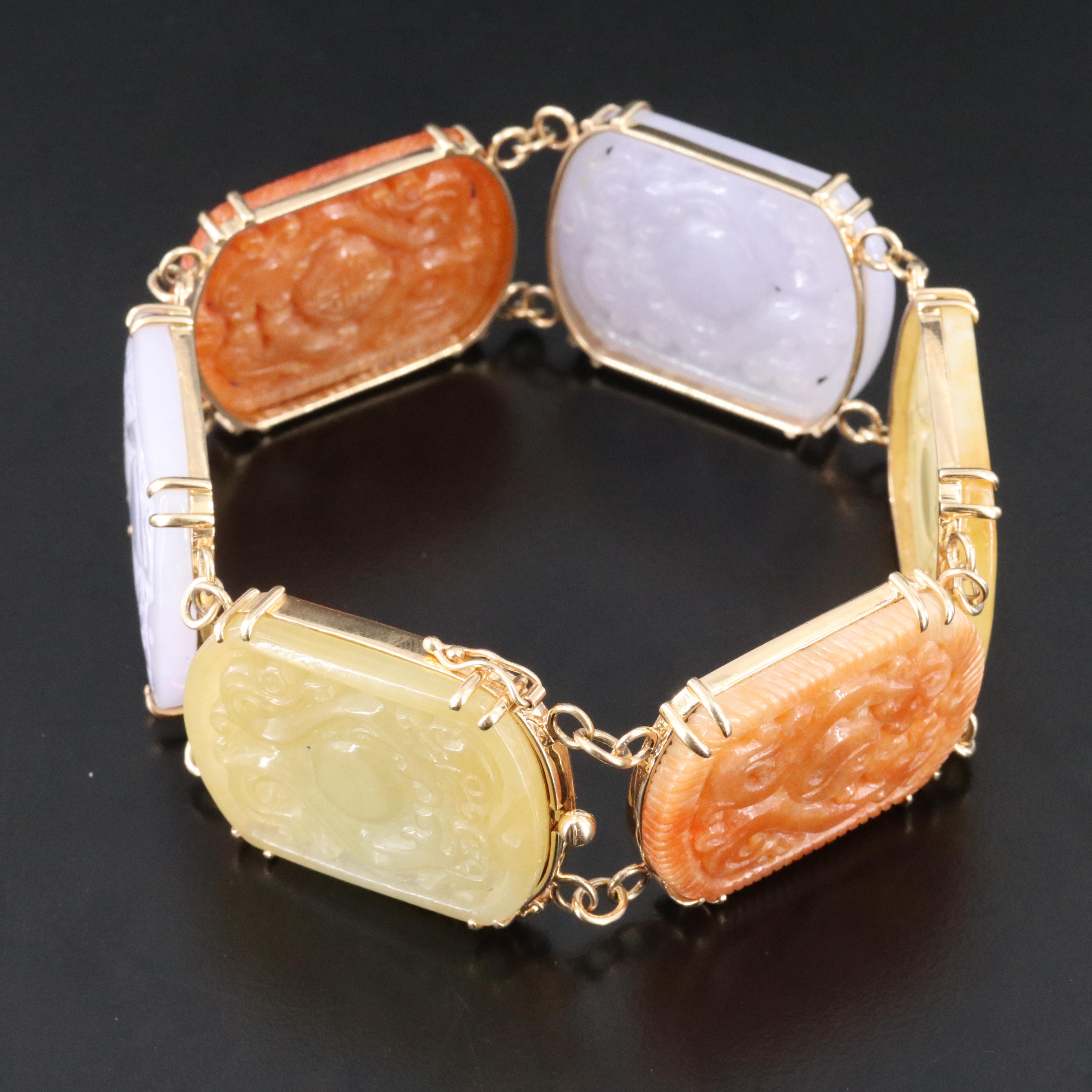 14K Carved Jadeite Panel Bracelet with Yin-Yang and Longevity Symbols