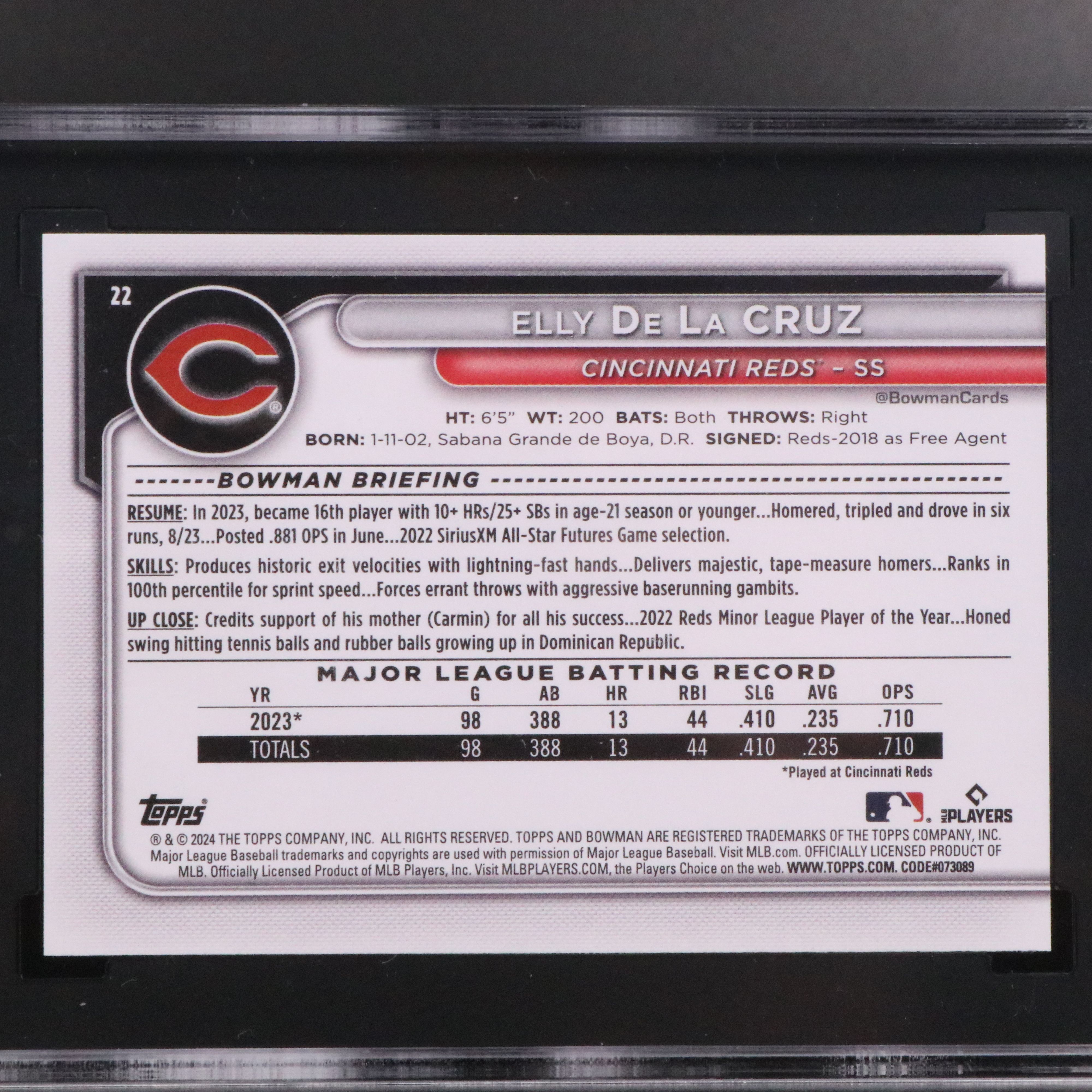 2024 Bowman Elly De La Cruz Cincinnati Reds Rookie Card Graded SGC 10