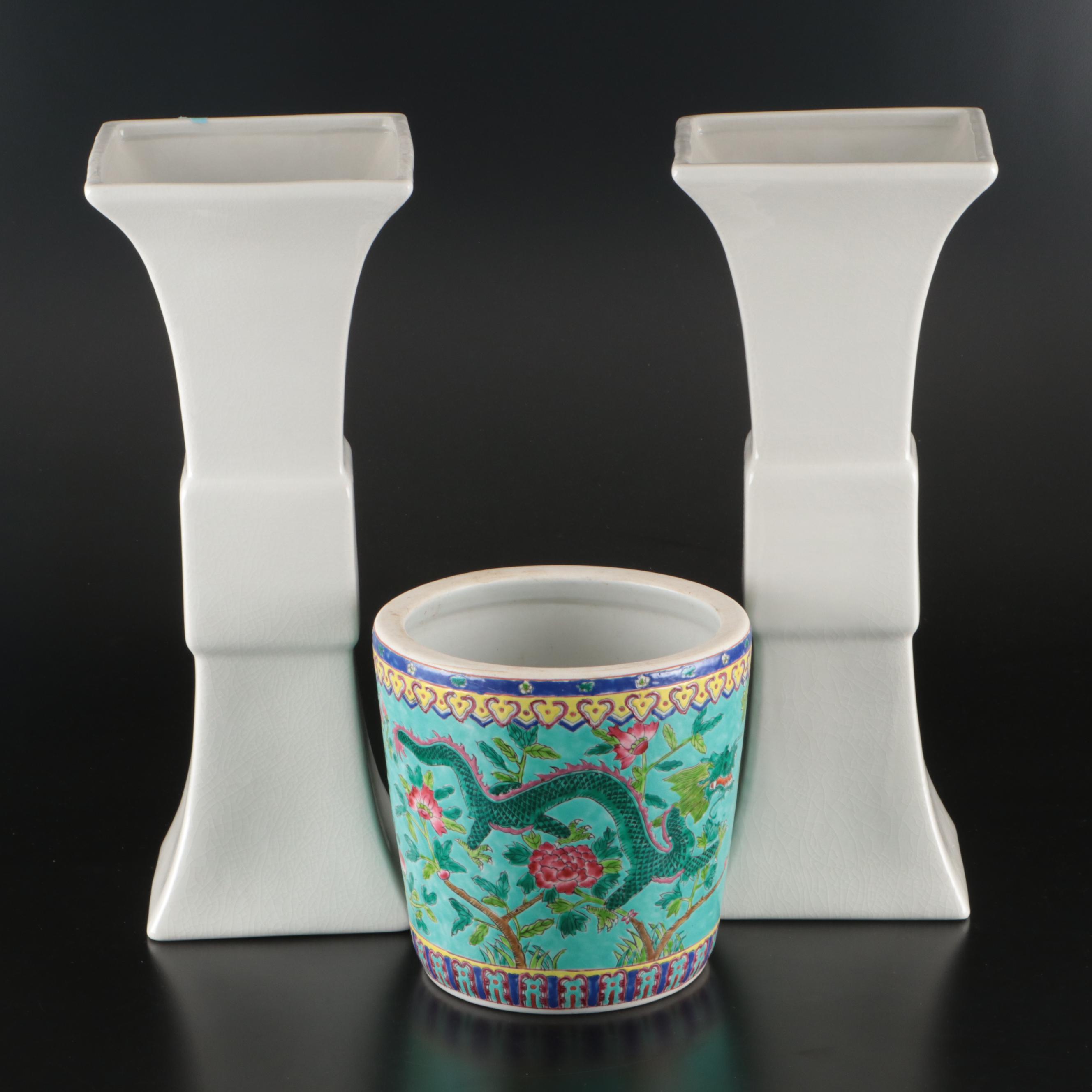 Global Views Ceramic Column Vases with Chinese Famille Rose Porcelain Planter