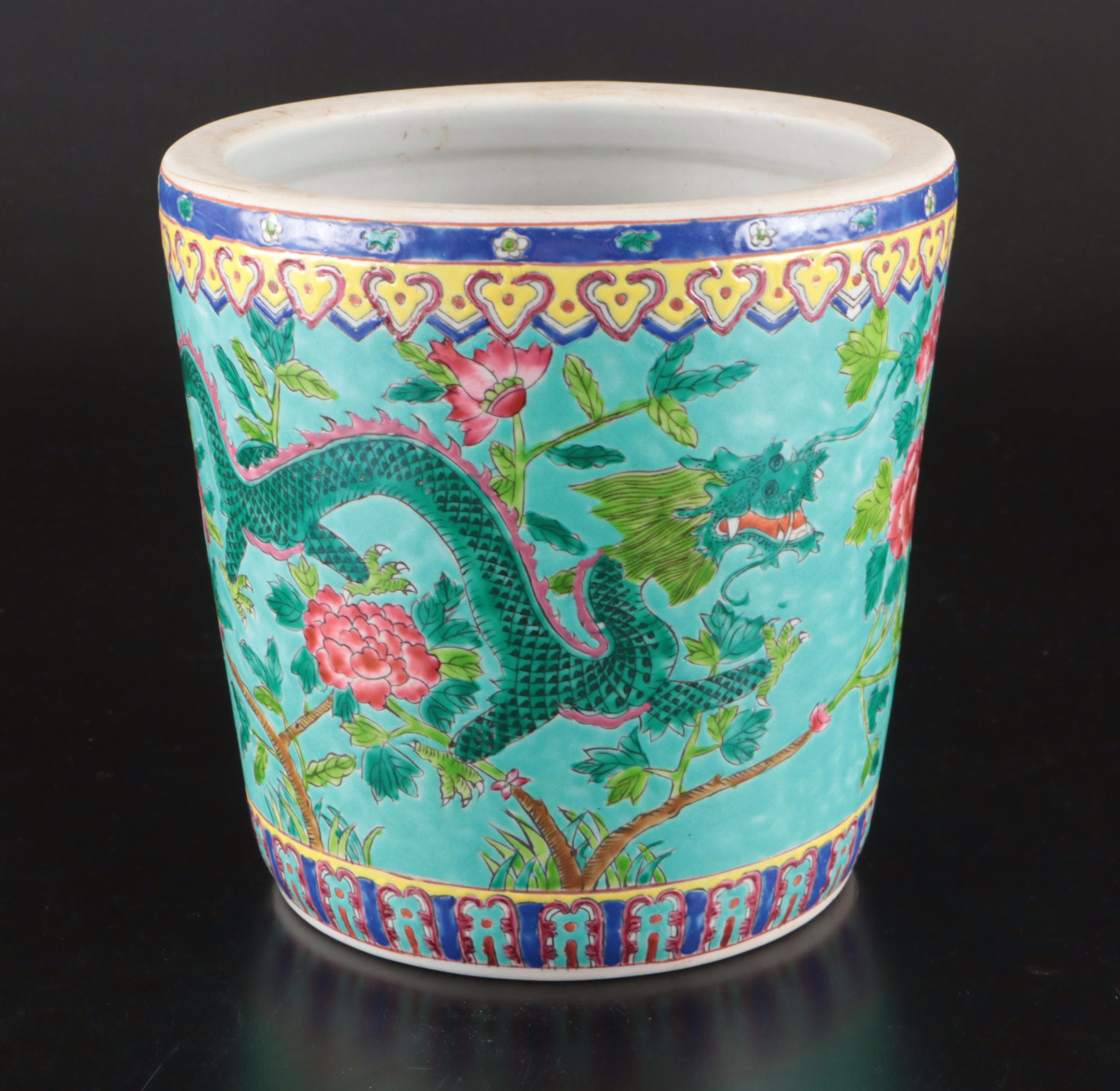 Global Views Ceramic Column Vases with Chinese Famille Rose Porcelain Planter