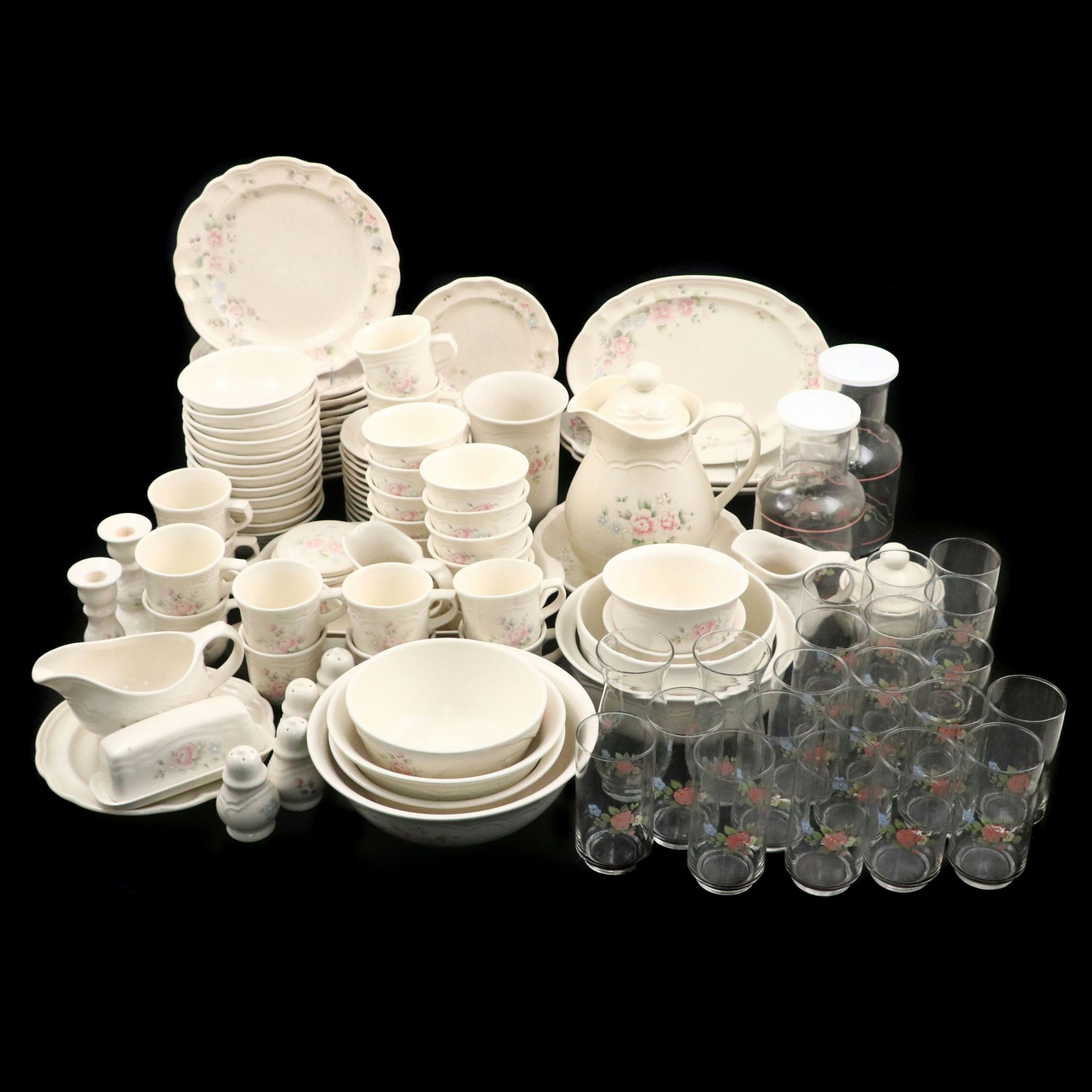 Pflatzgraff "Tea Rose" Ceramic, Glass, and Plastic Dinnerware with Fabric Cover