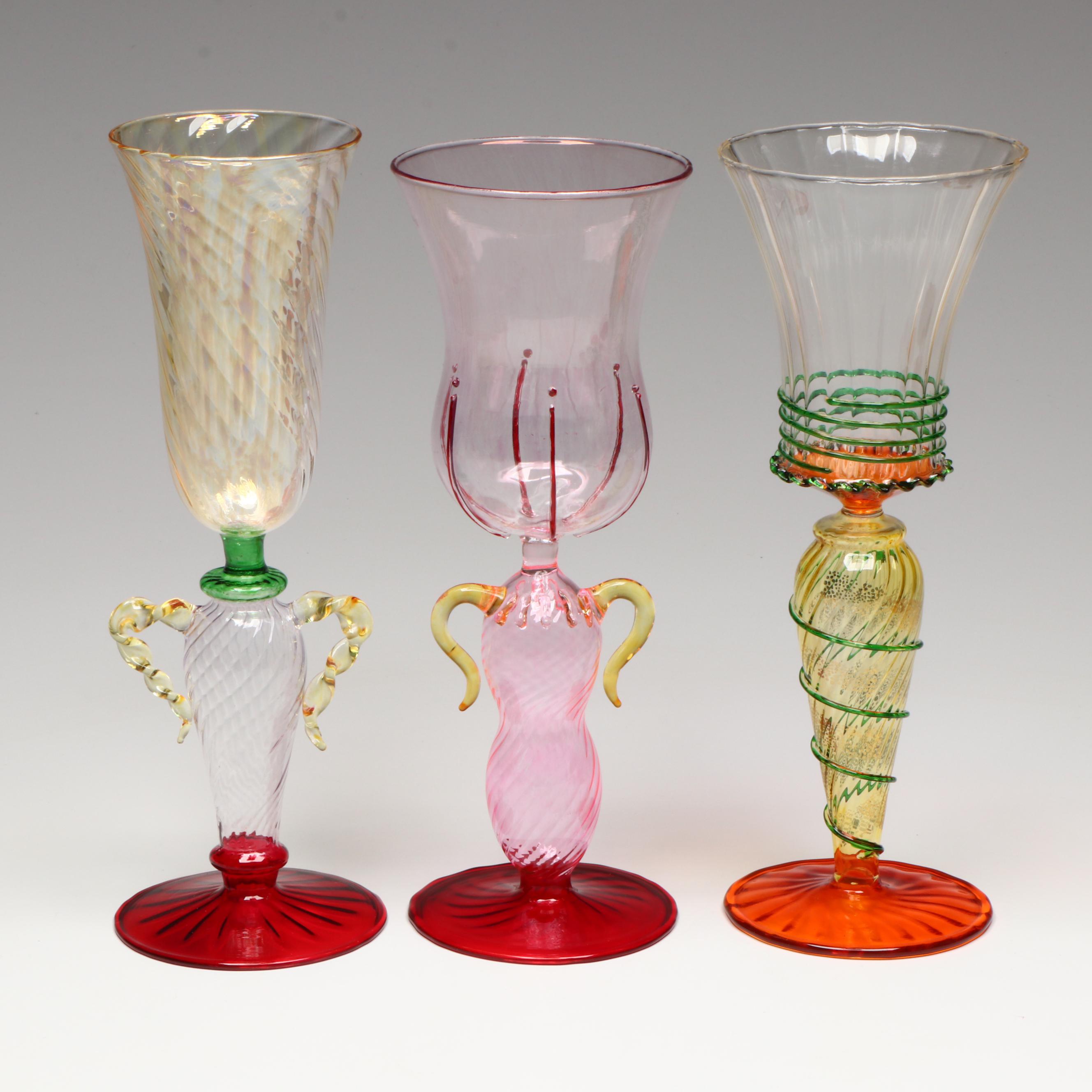 Venetian Murano Style Blown Art Glass Goblets