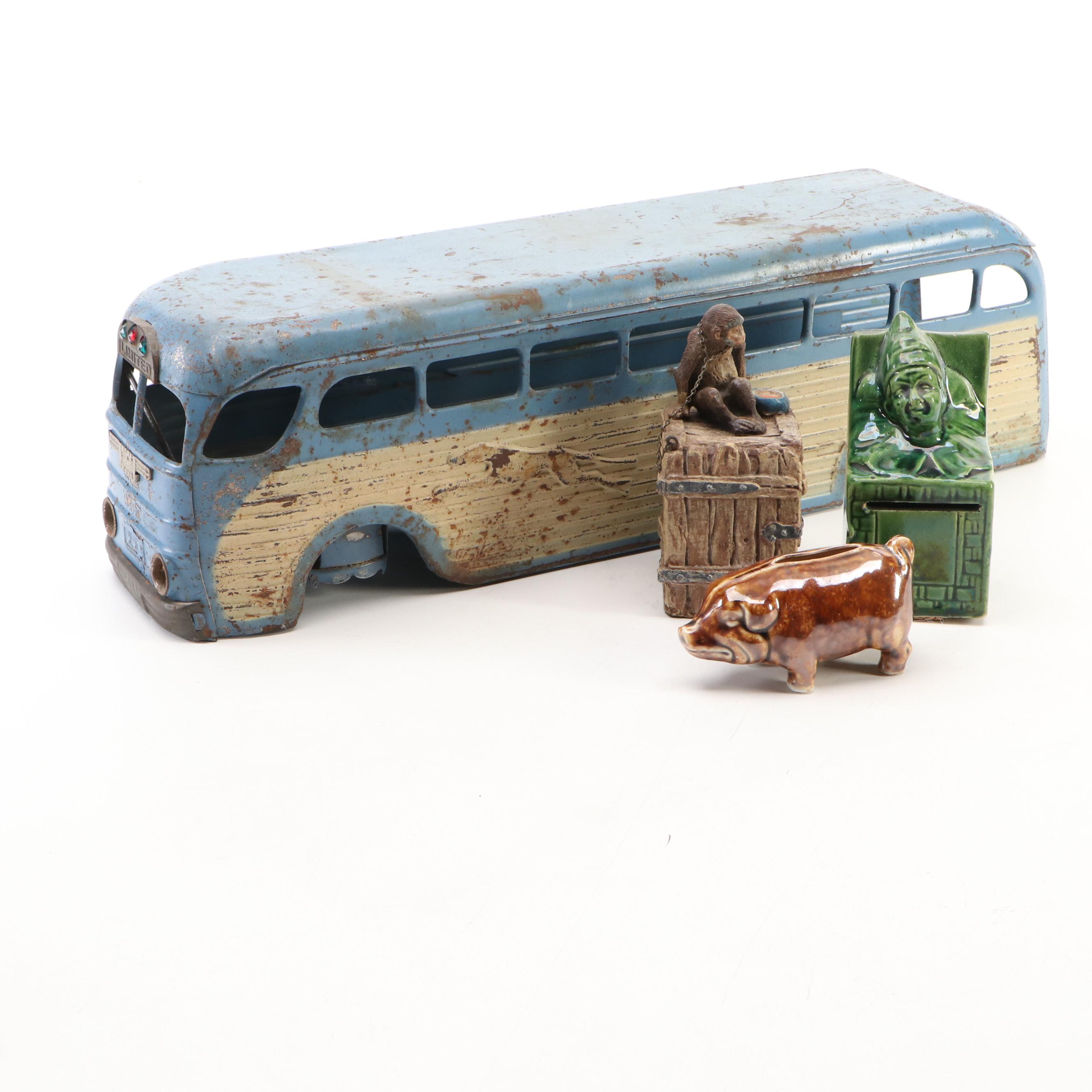 Jester, Monkey and Piggy Banks with Bus Toy