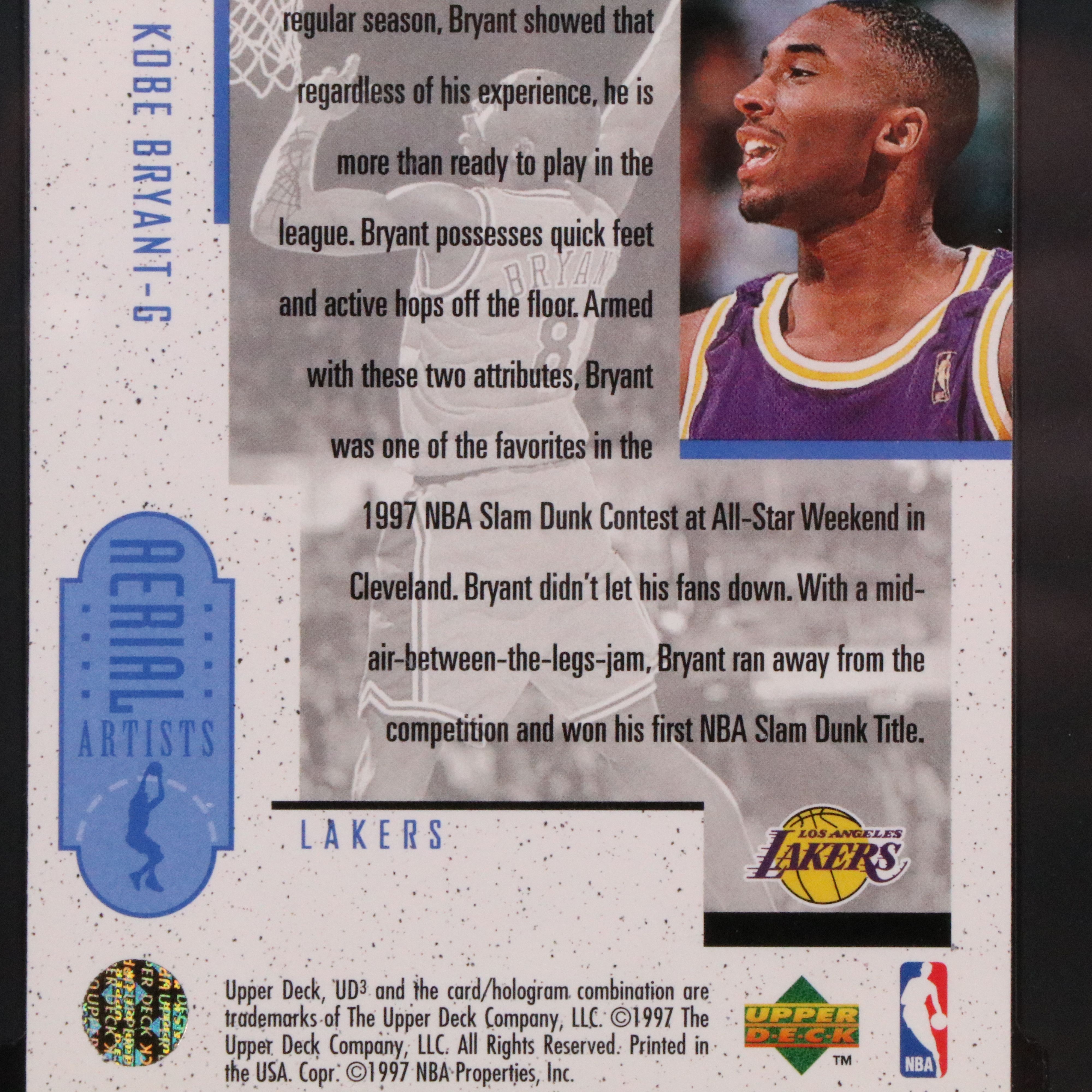 1996-97 UD3 Kobe Bryant Aerial Artist Rookie Basketball Card Graded SGC 9
