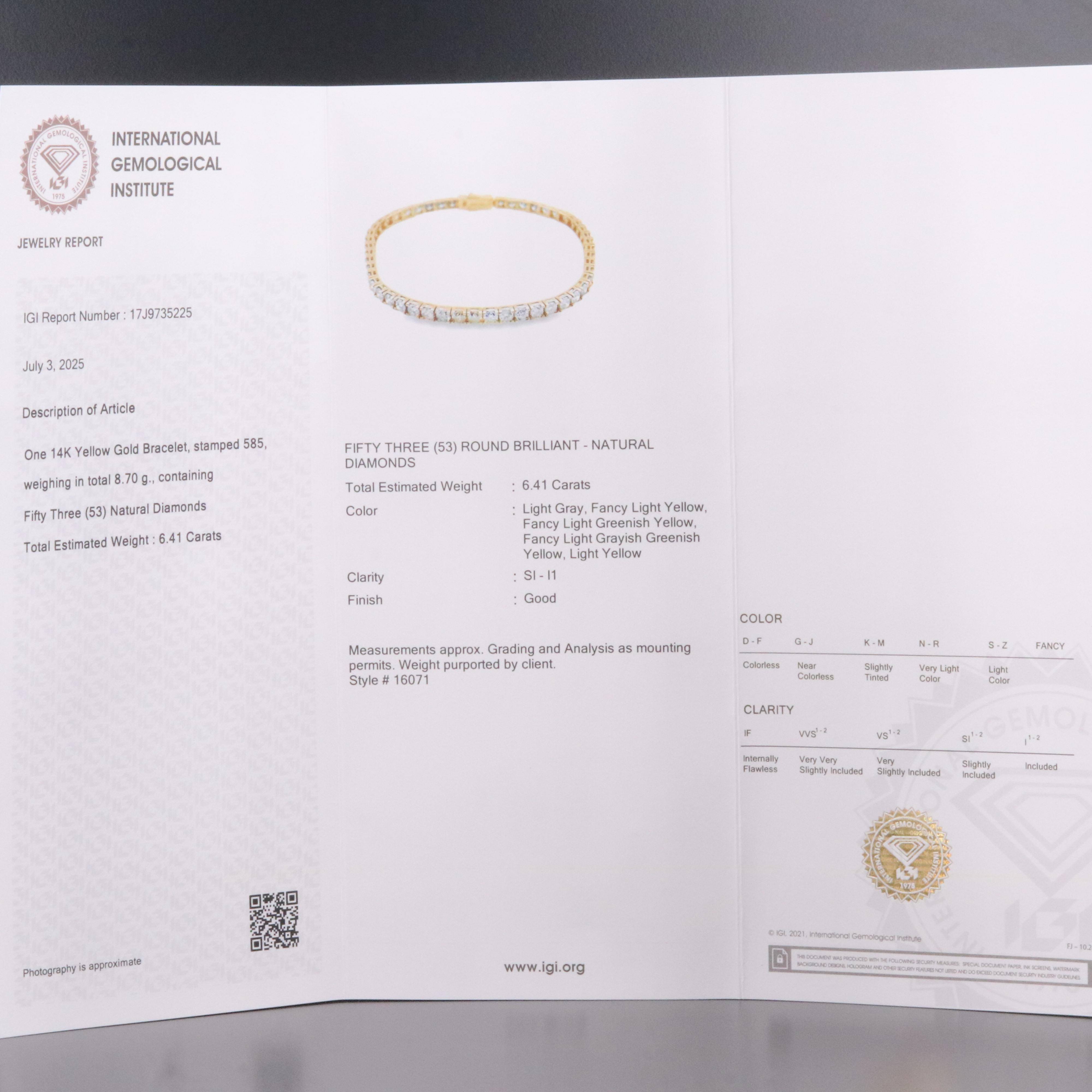 14K 6.41 CTW Diamond Line Bracelet with IGI Report and Fancy Diamonds