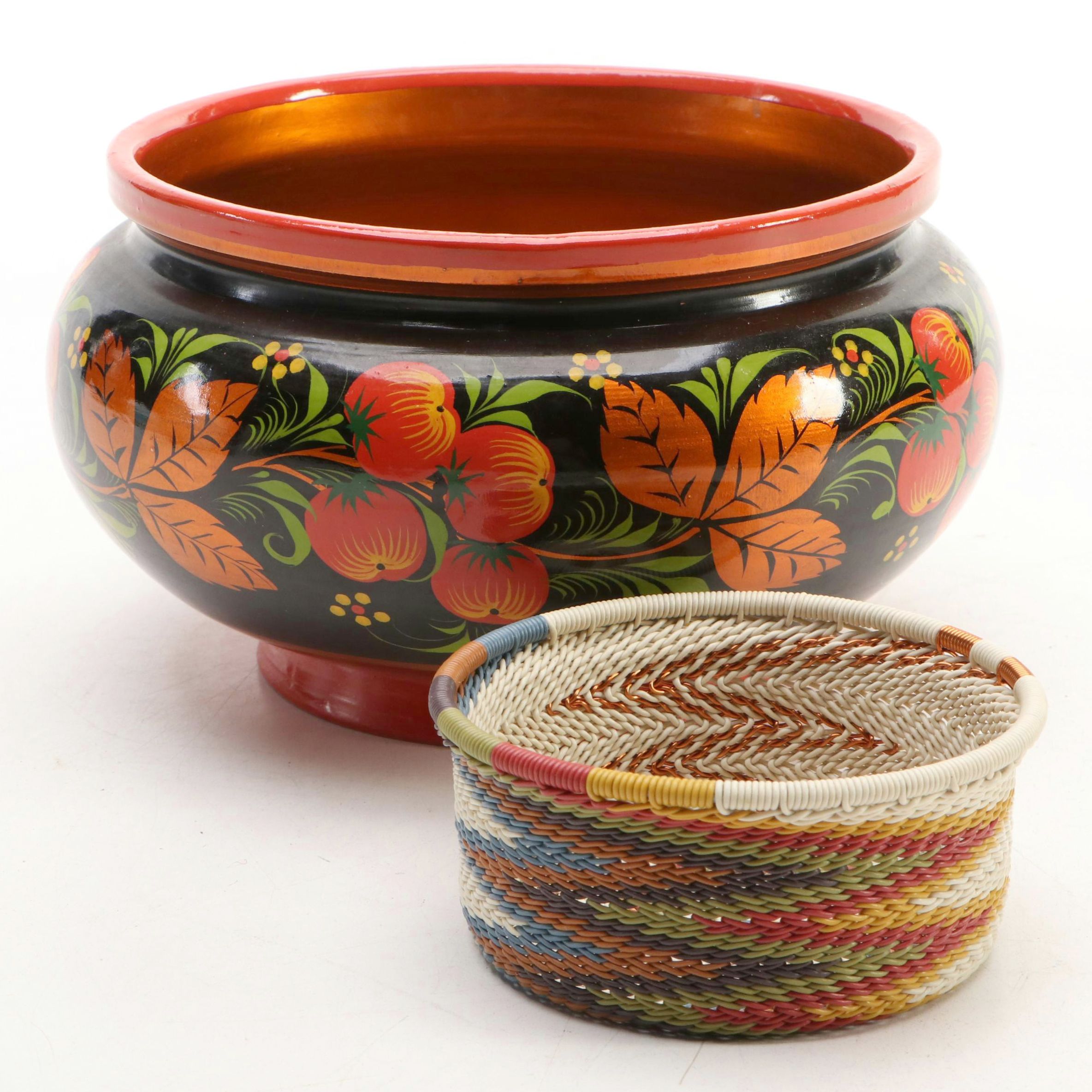 Zulu Handmade Wire Basket with Hand-Painted Golden Khokhloma Bowl