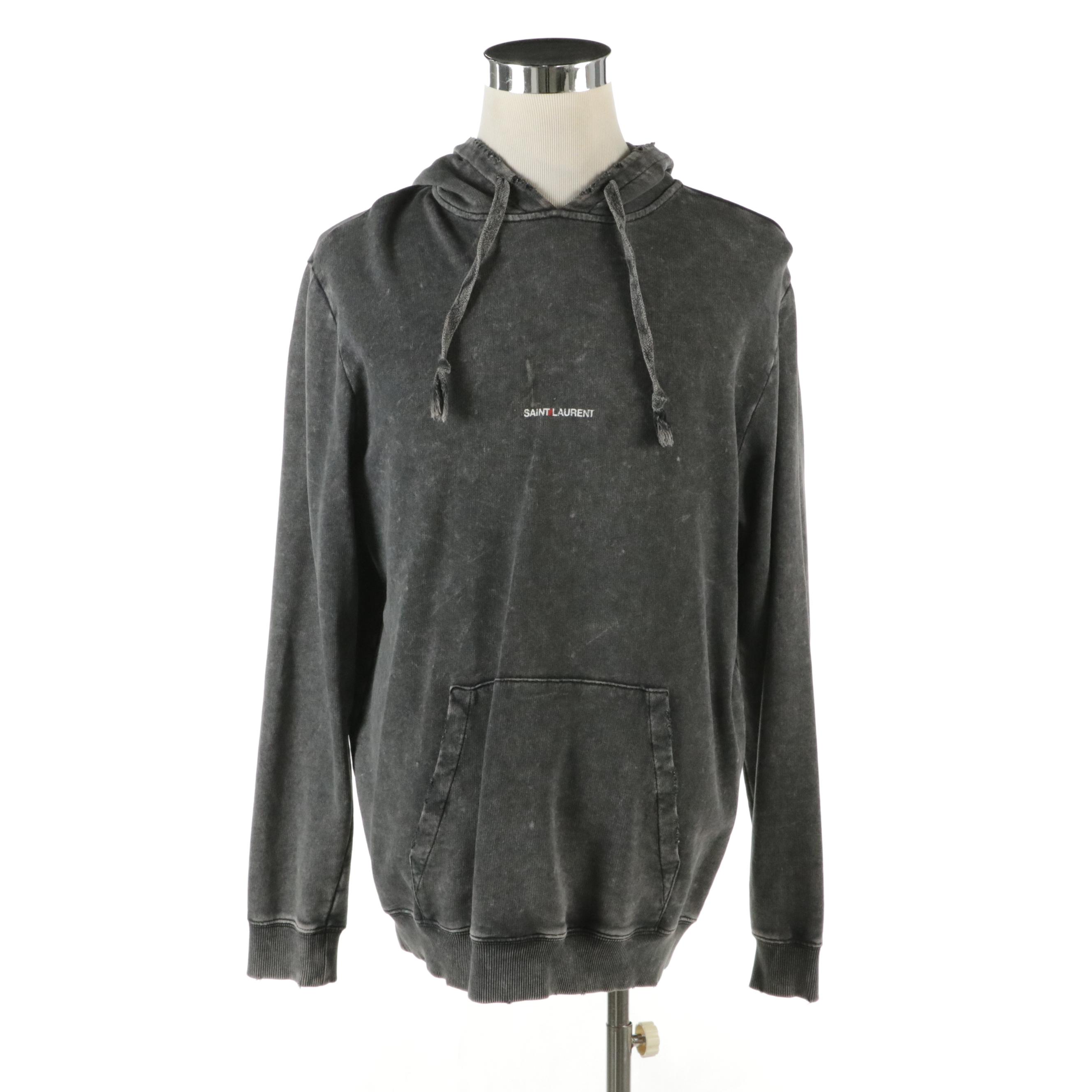 Men's Saint Laurent Grey Logo Printed Stone Washed and Distressed Cotton Hoodie
