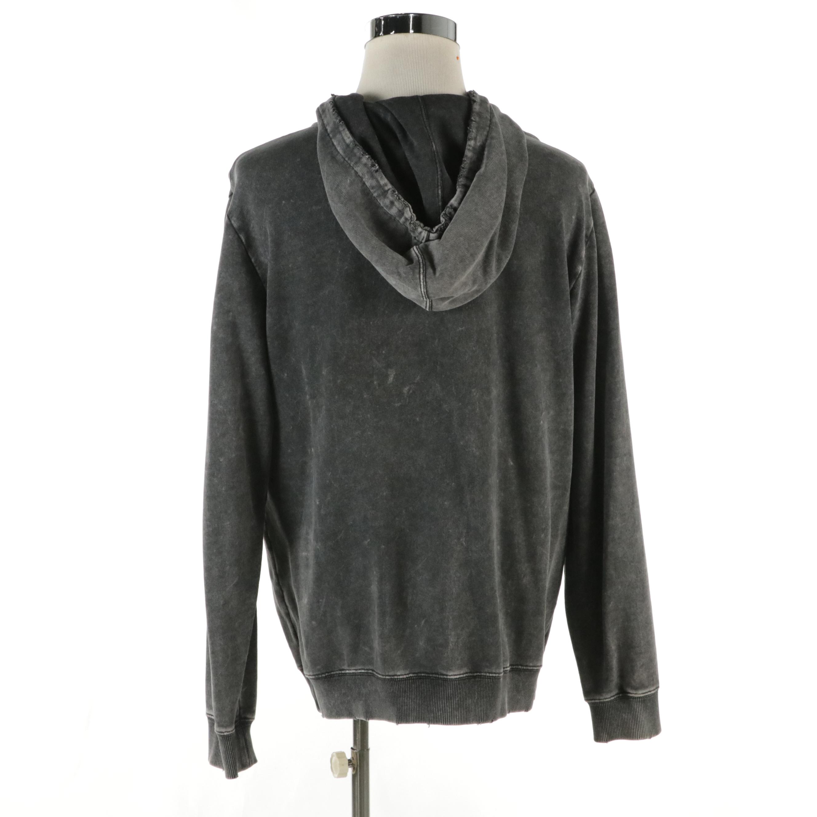 Men's Saint Laurent Grey Logo Printed Stone Washed and Distressed Cotton Hoodie