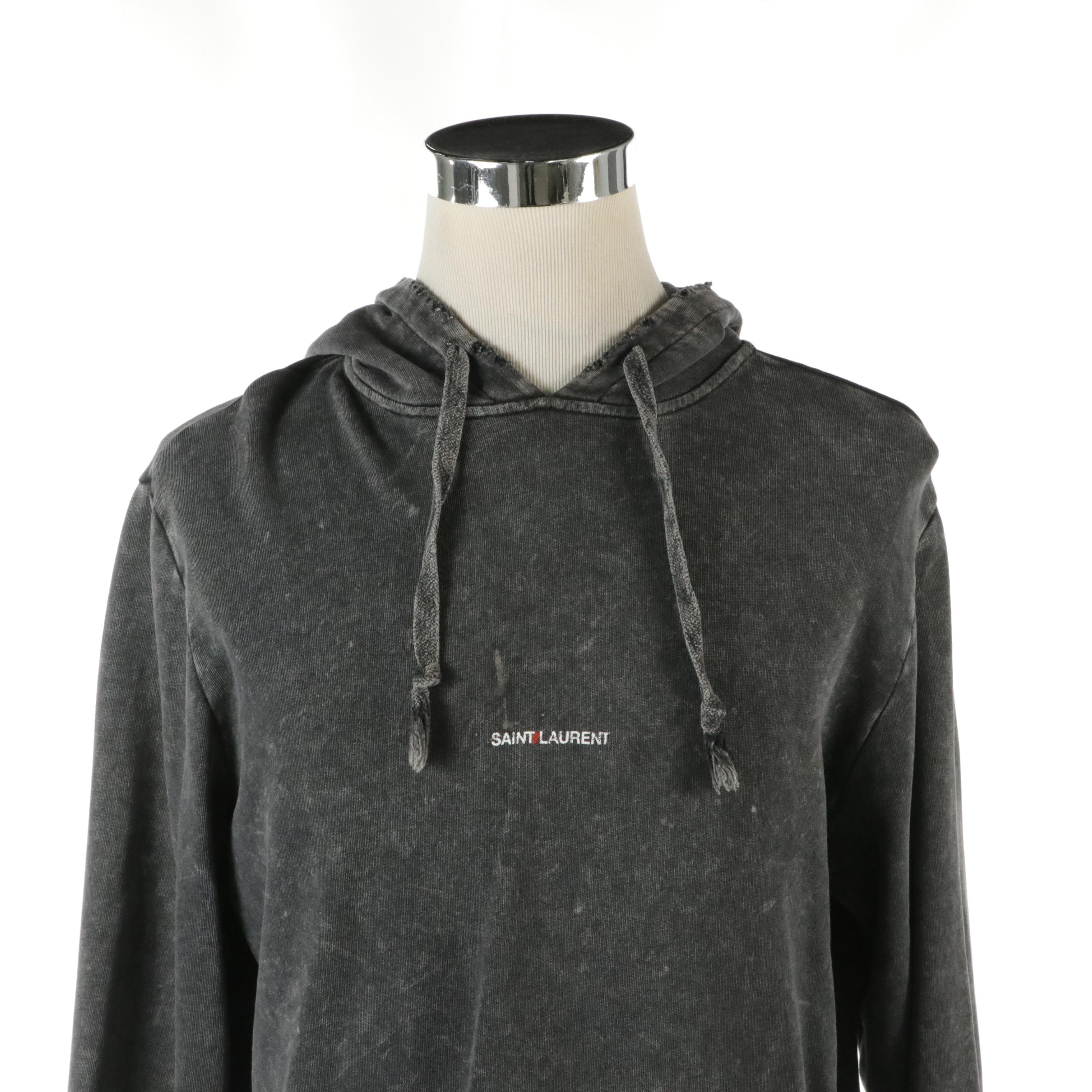 Men's Saint Laurent Grey Logo Printed Stone Washed and Distressed Cotton Hoodie