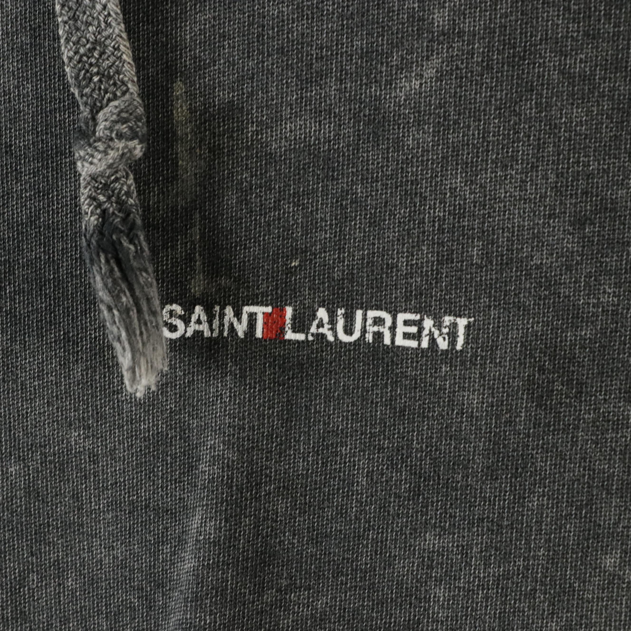 Men's Saint Laurent Grey Logo Printed Stone Washed and Distressed Cotton Hoodie