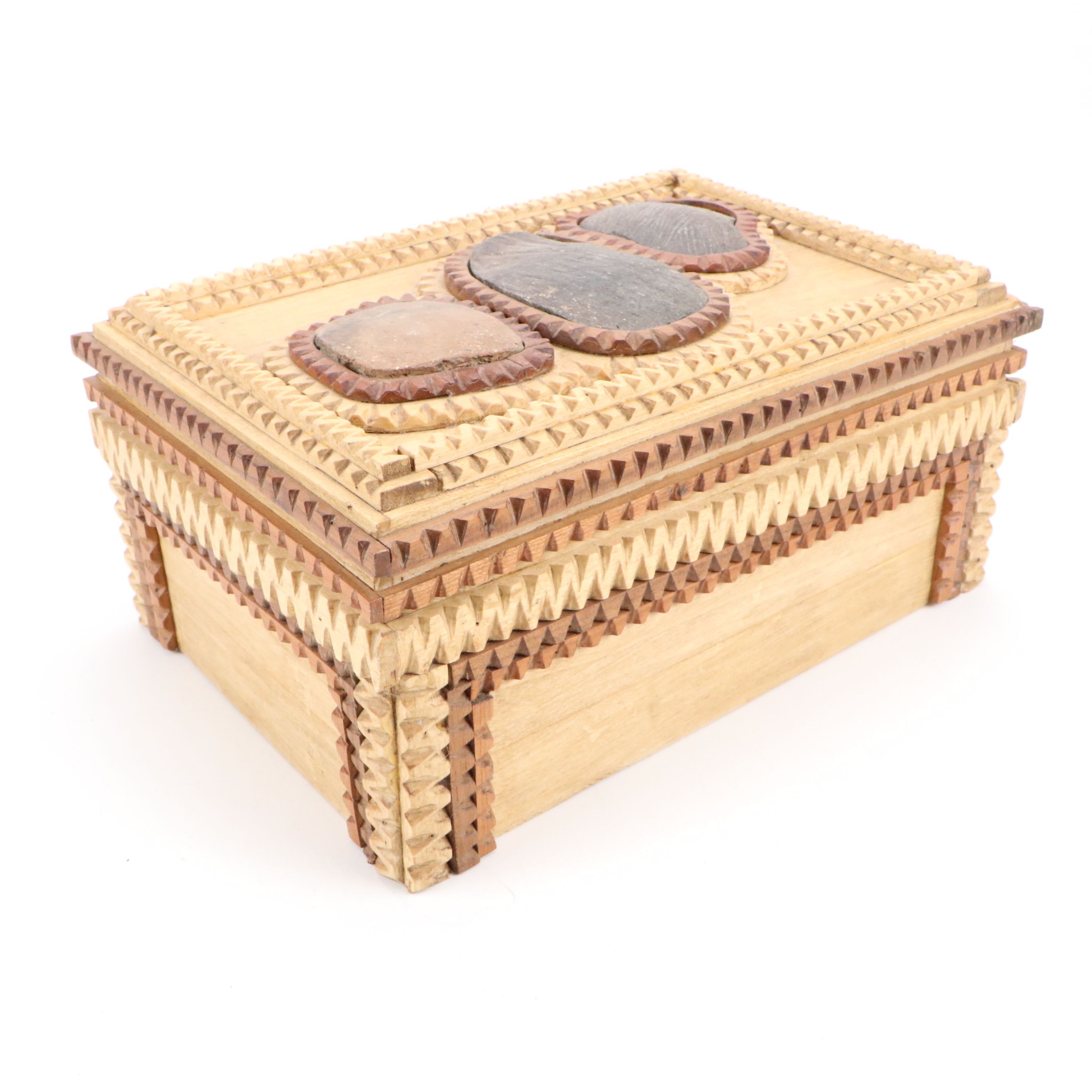 Robert Beaven Hand-Carved Wood and Stone Tramp Art Box, Early 20th Century