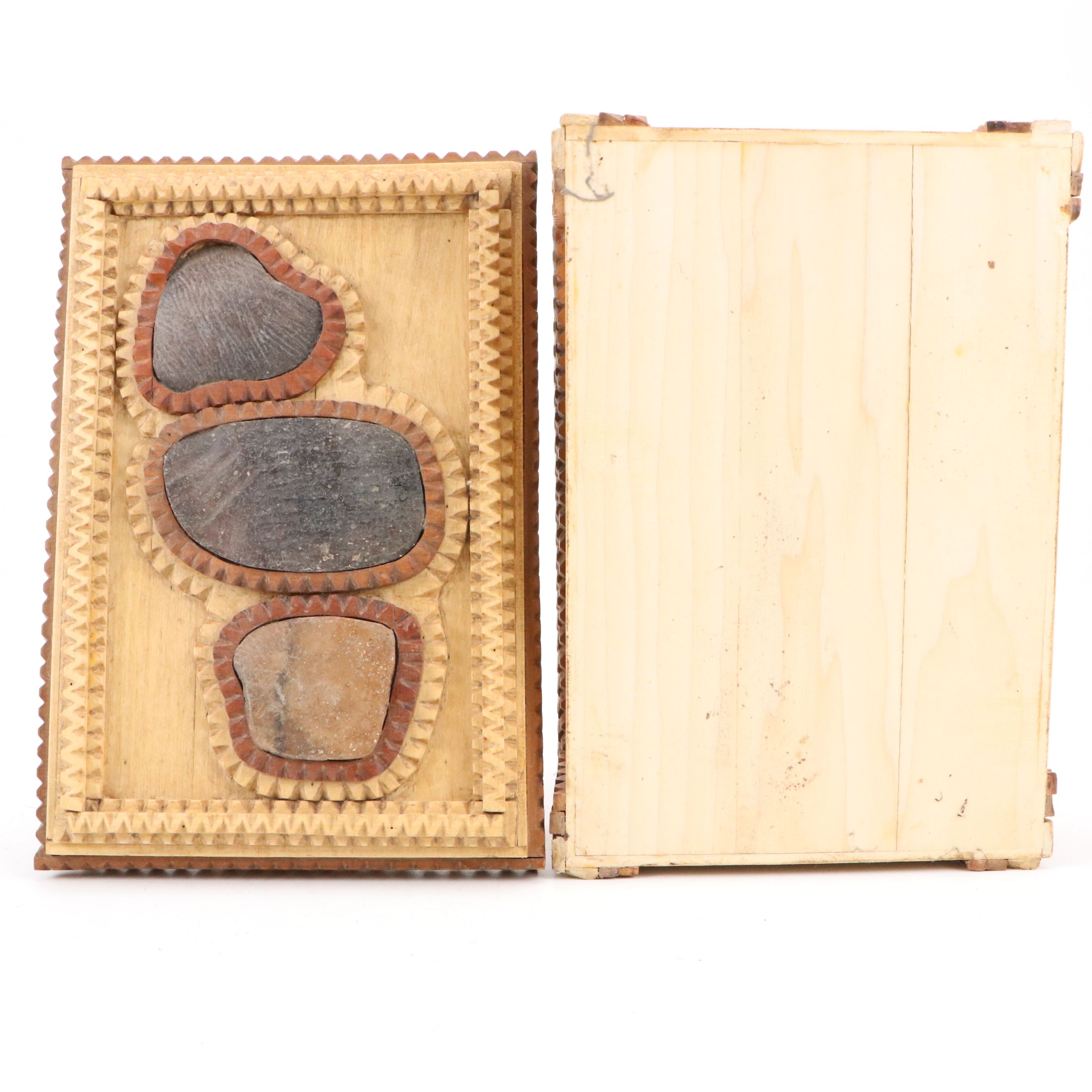 Robert Beaven Hand-Carved Wood and Stone Tramp Art Box, Early 20th Century