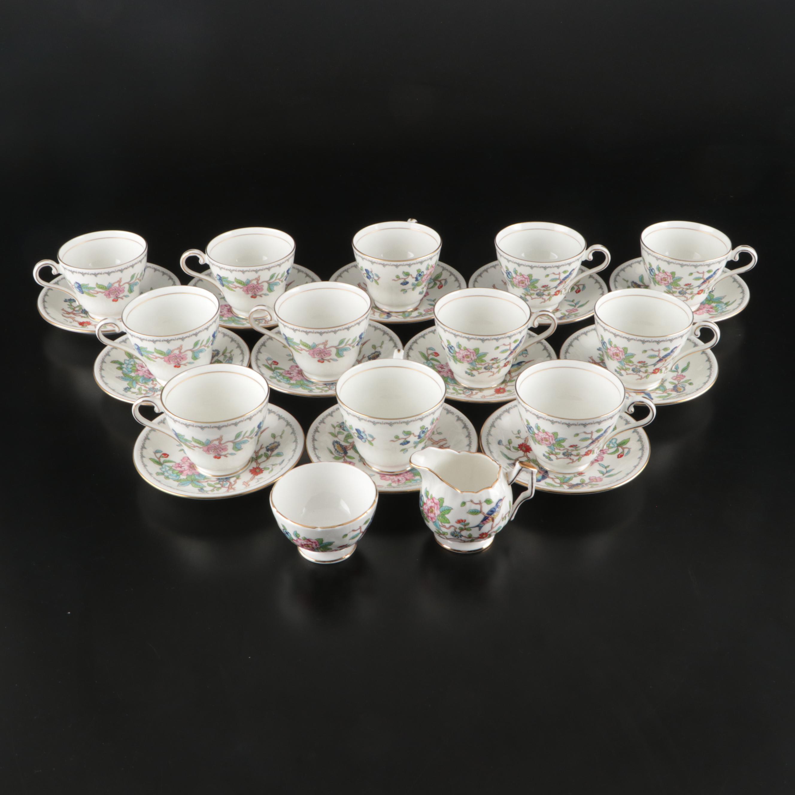 Aynsley "Pembroke" Bone China Teacups and Saucers with Creamer and Sugar