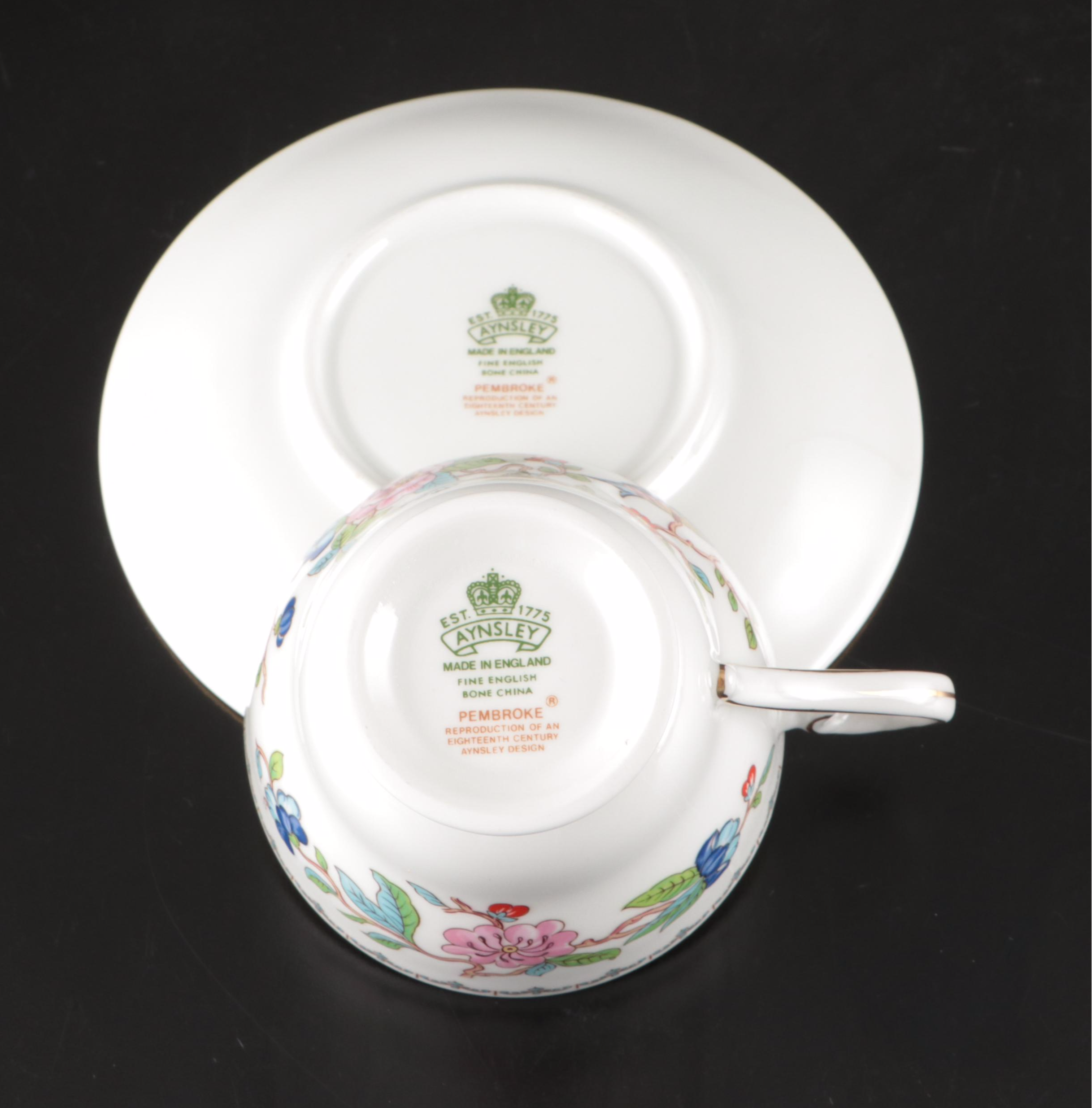 Aynsley "Pembroke" Bone China Teacups and Saucers with Creamer and Sugar