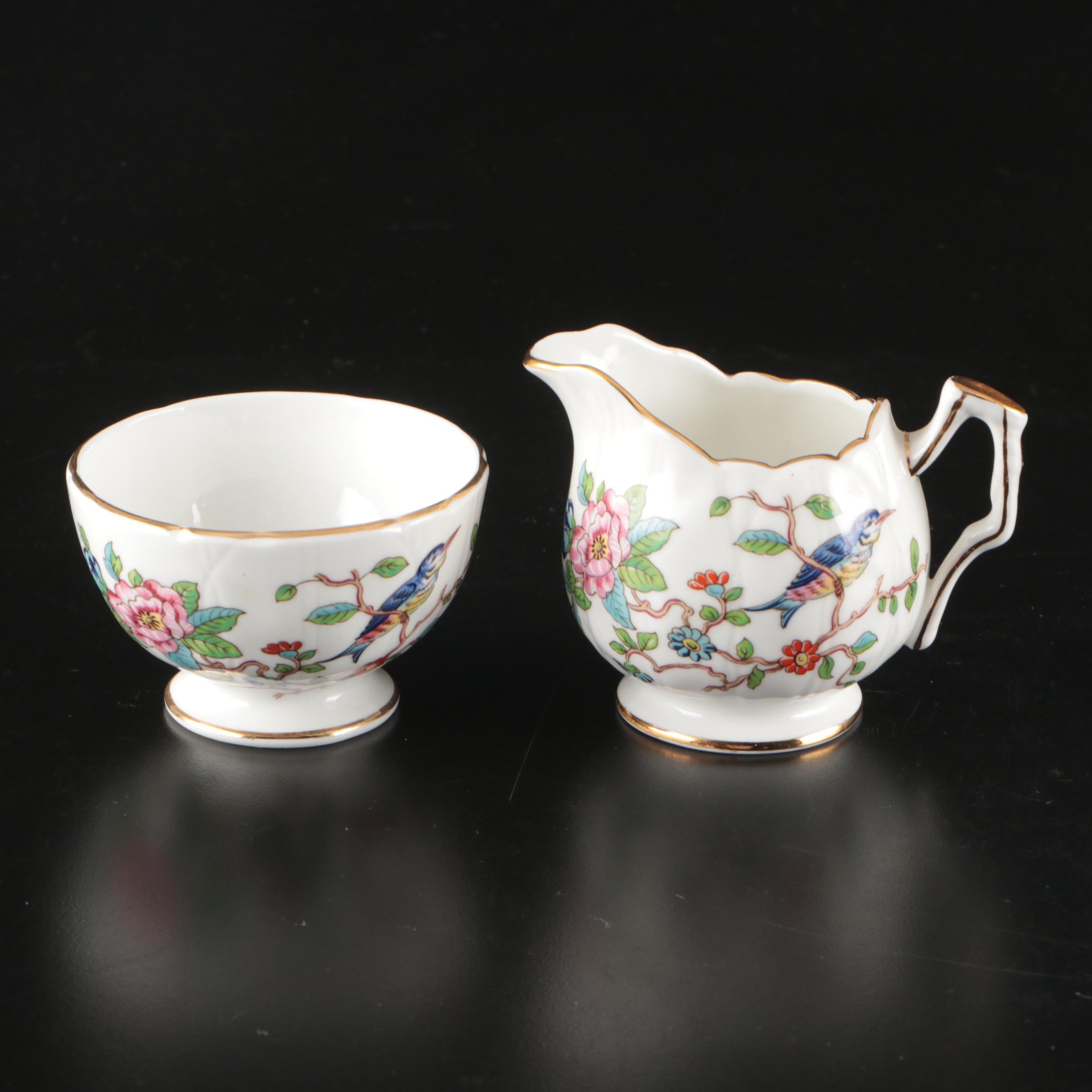 Aynsley "Pembroke" Bone China Teacups and Saucers with Creamer and Sugar
