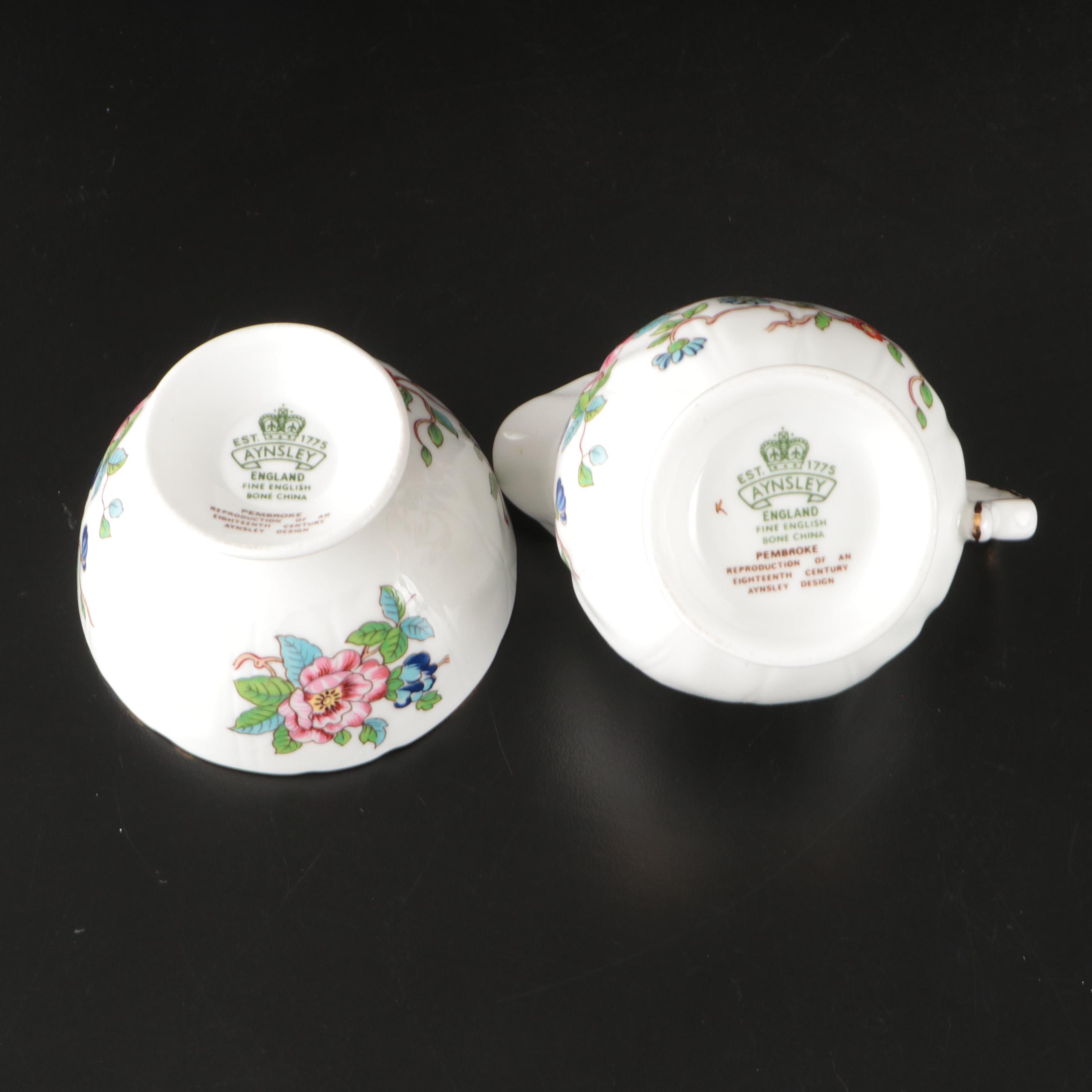 Aynsley "Pembroke" Bone China Teacups and Saucers with Creamer and Sugar