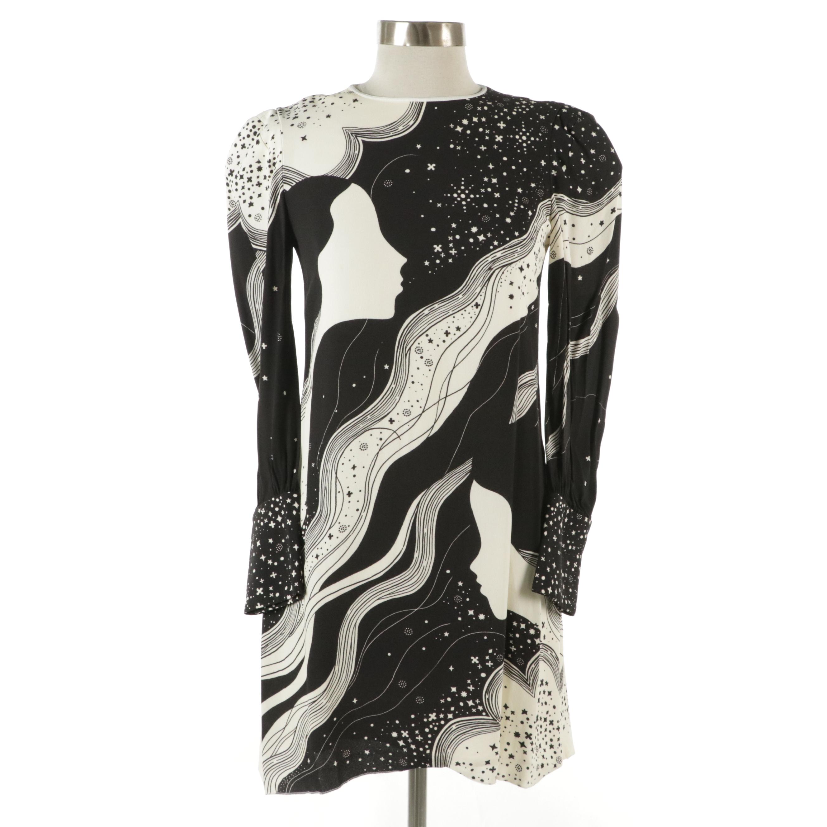 Chloé Cosmic Faces Long Sleeve Mini Dress in B&W Printed Viscose