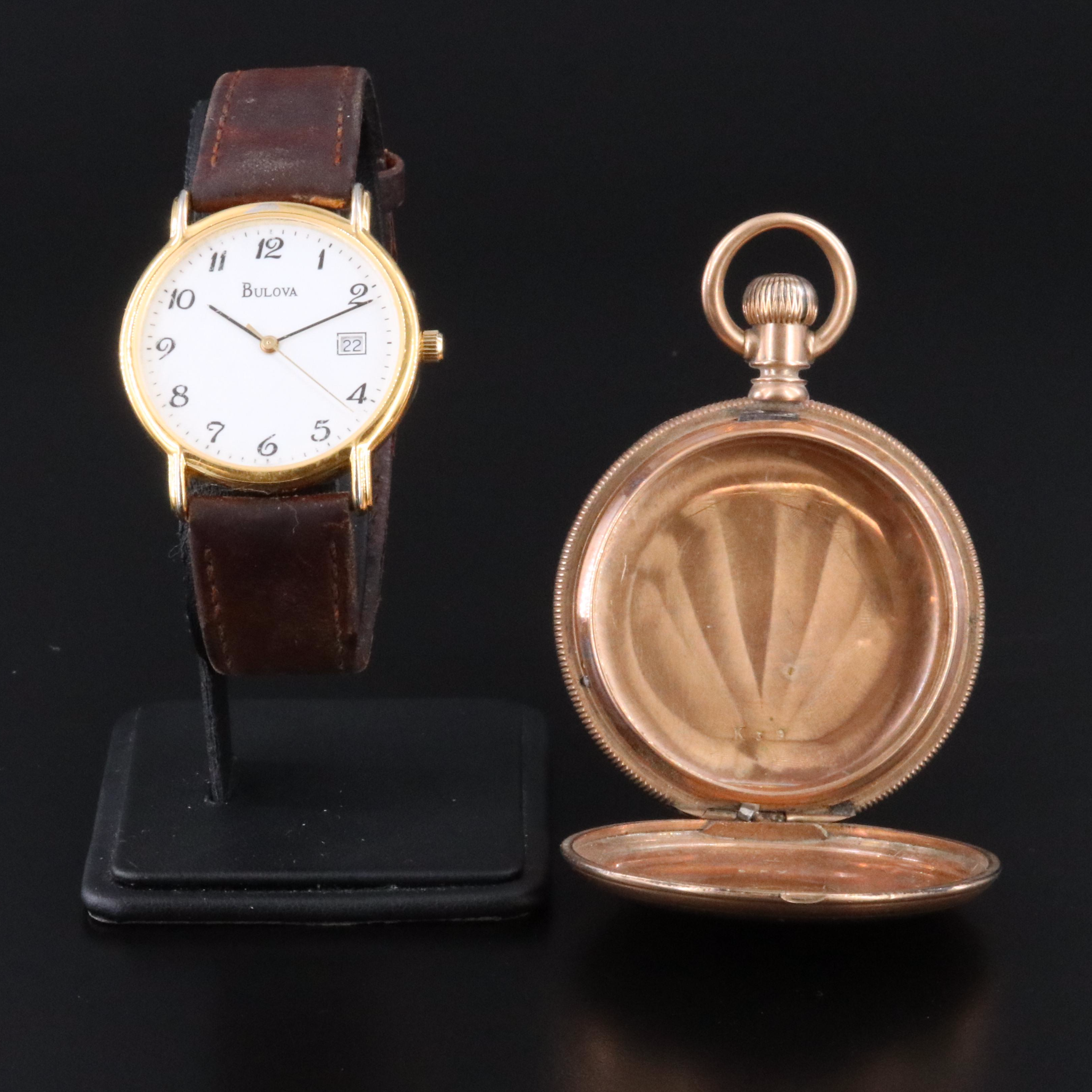 Bulova White Dial Date Watch and Gold-Filled Pocket Watch Case