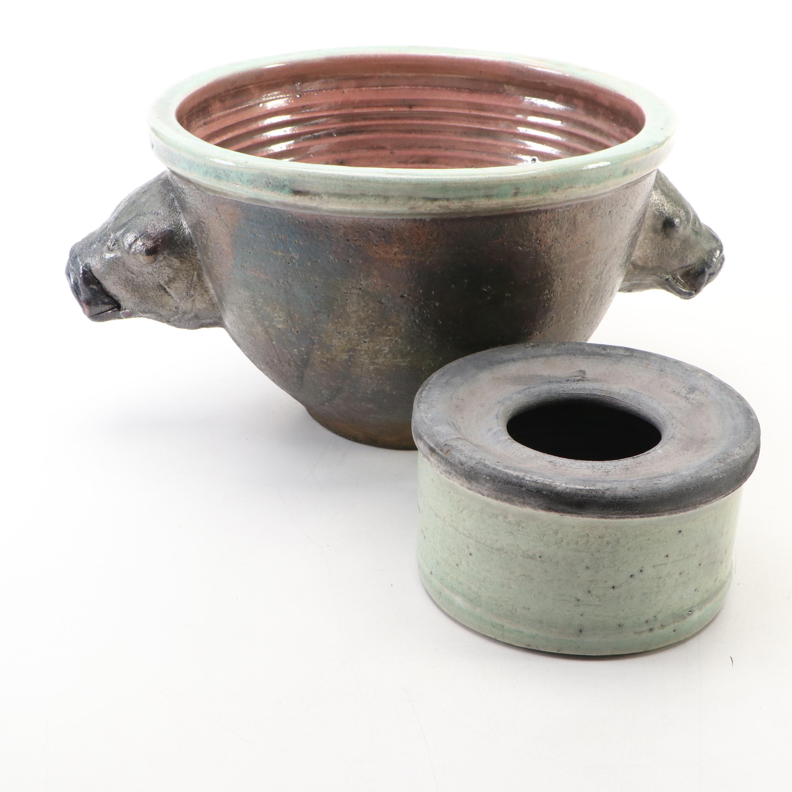 Artist Signed Glazed Art Pottery Planter with Stand