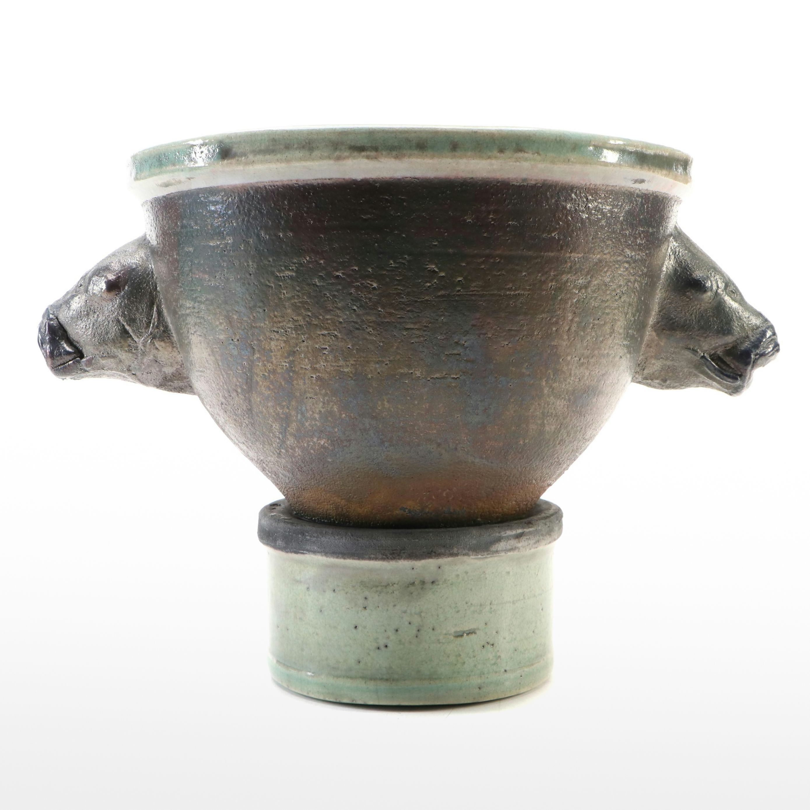 Artist Signed Glazed Art Pottery Planter with Stand