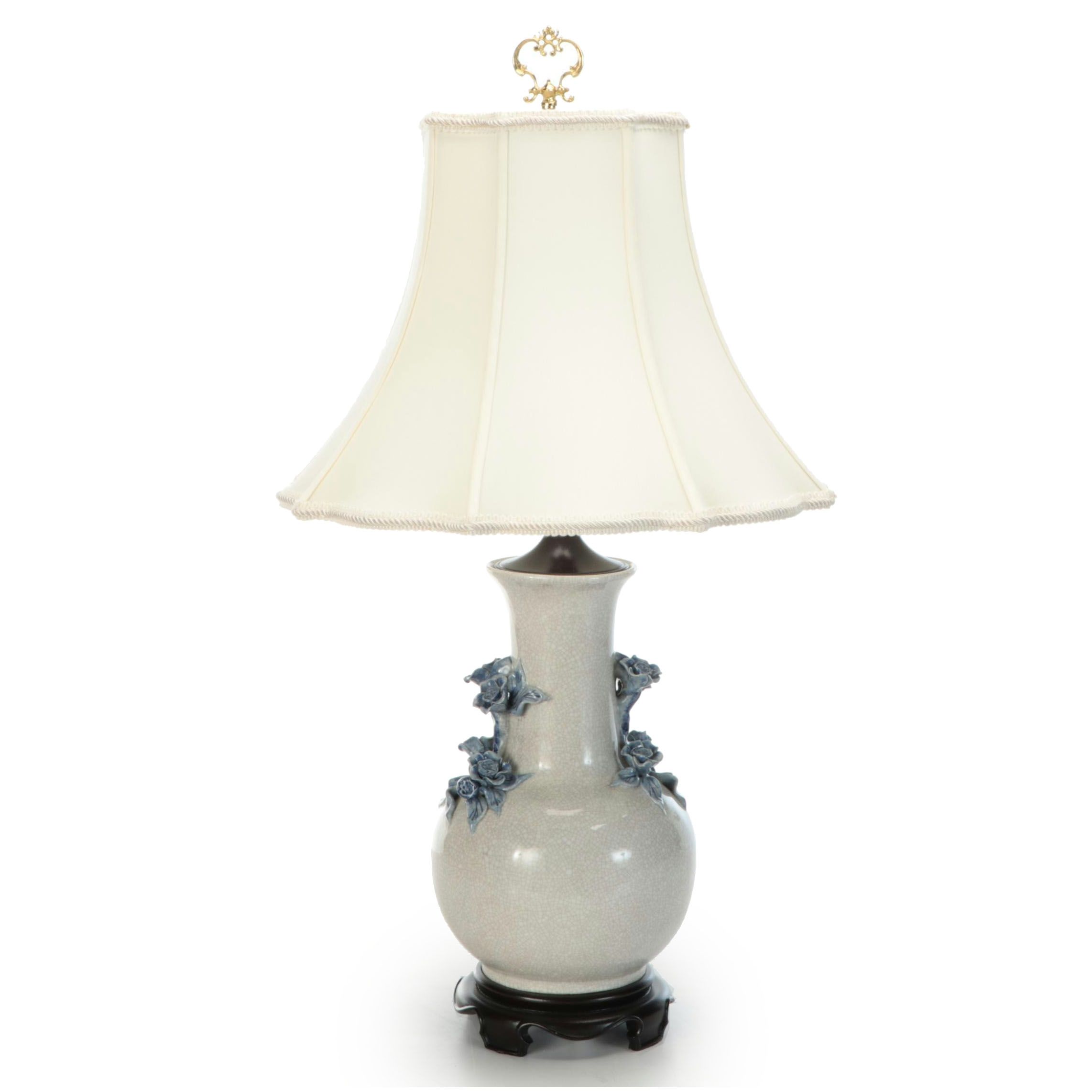 Bradburn Gallery Porcelain Vase Lamps with Lotus Handles & Scalloped Bell Shades