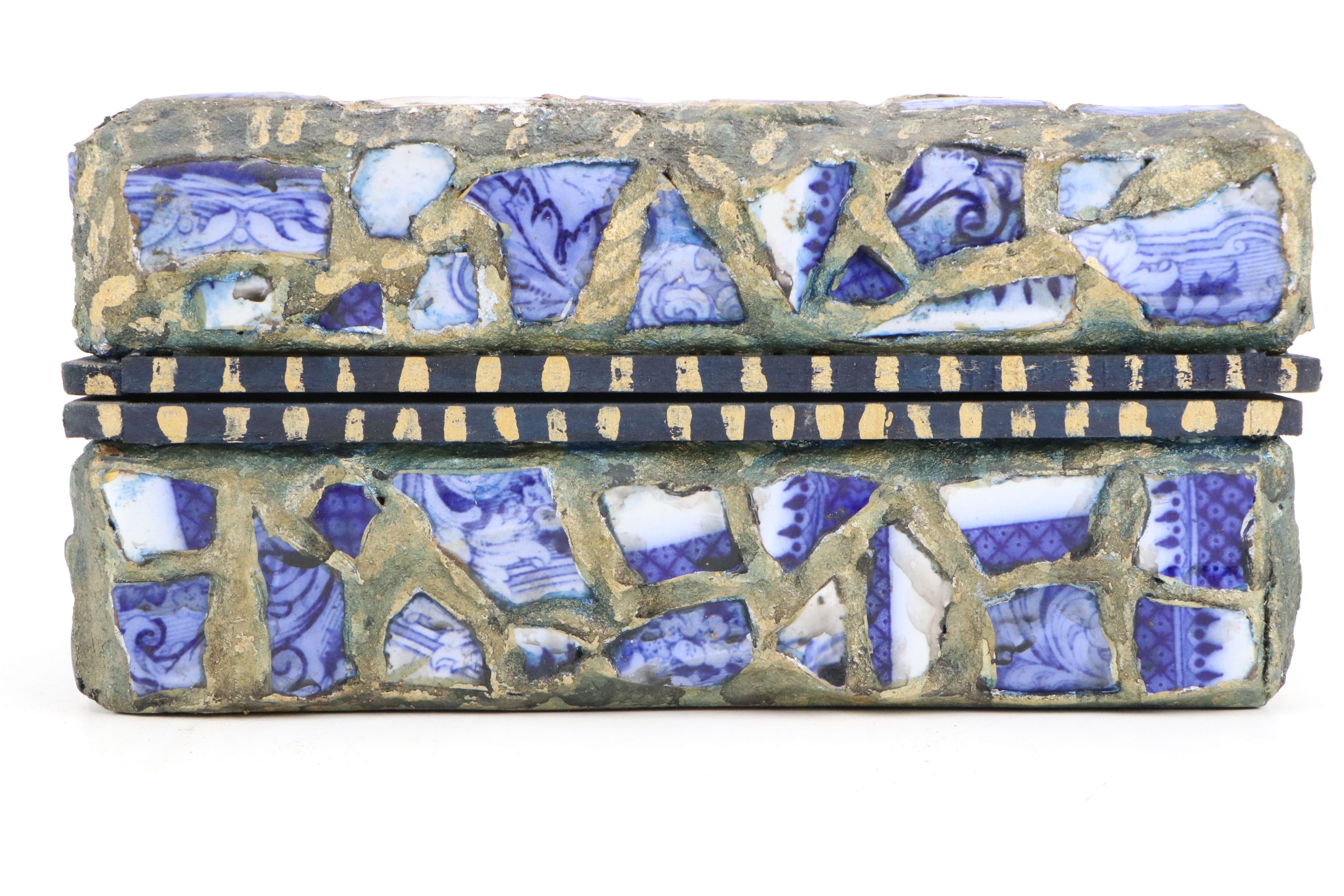 Robert Beaven Wooden Box with Blue on White Pottery Mosaic