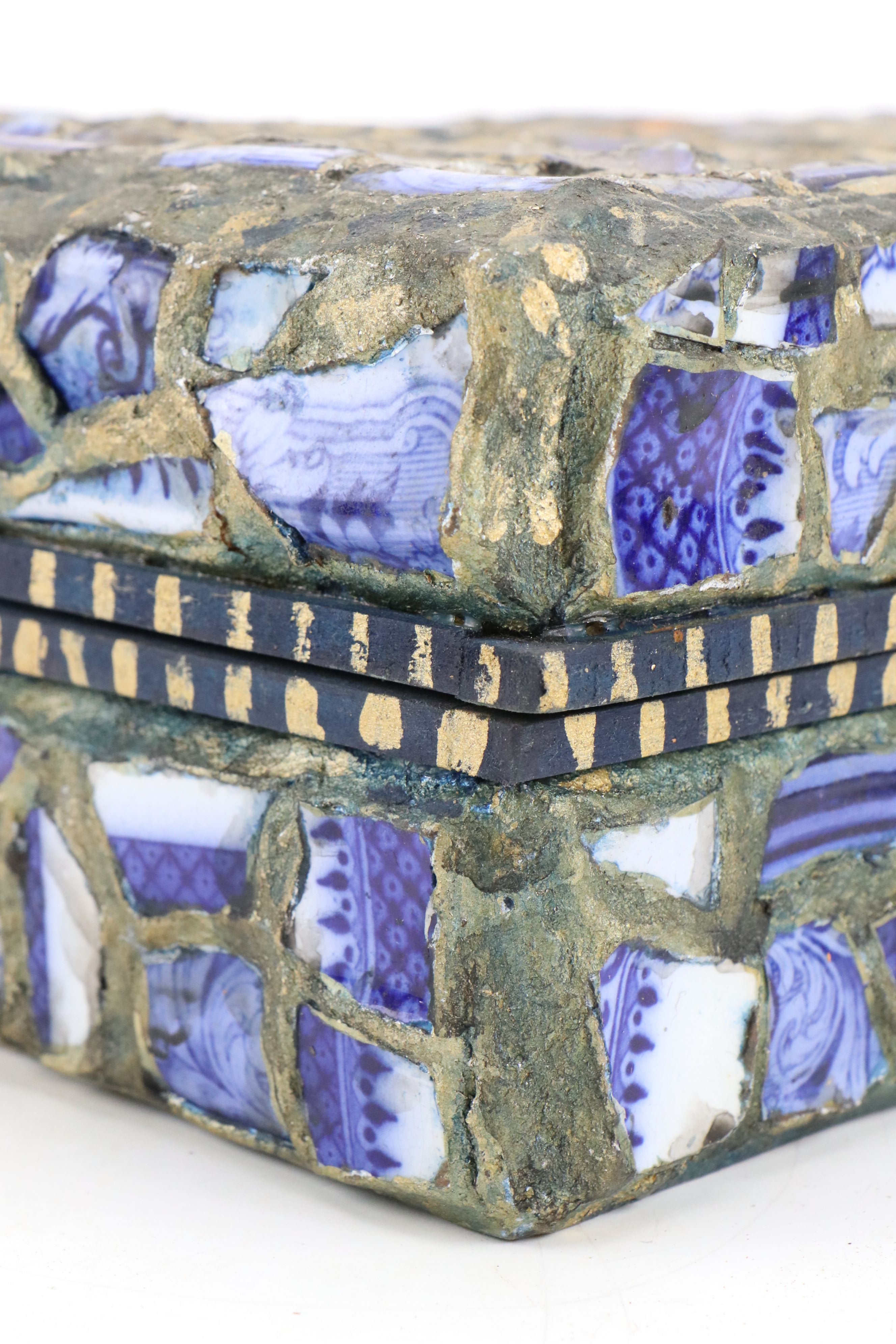Robert Beaven Wooden Box with Blue on White Pottery Mosaic