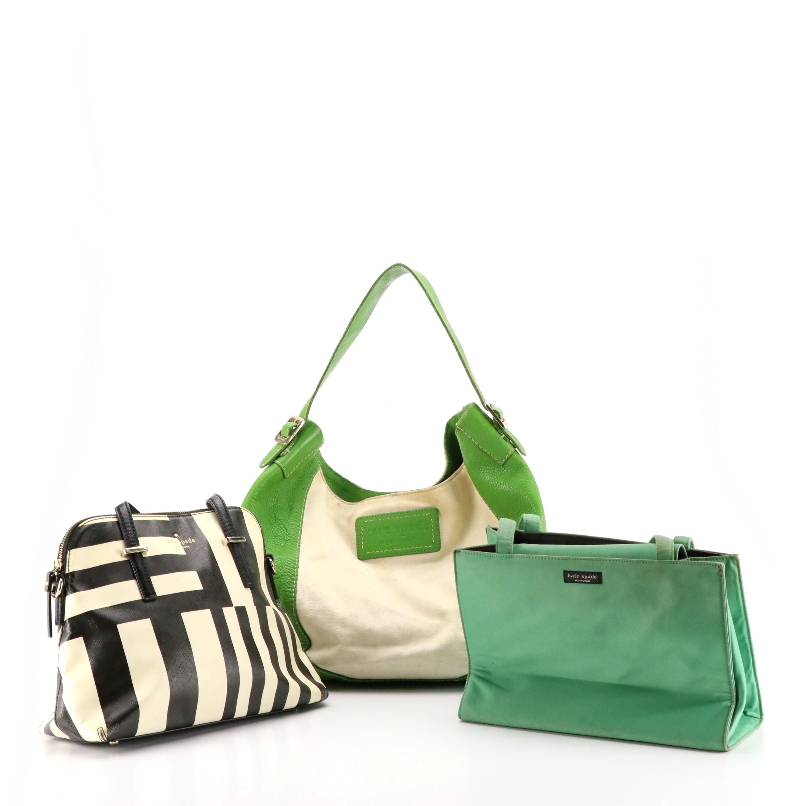 Kate Spade Green Leather Trimmed Hobo Bag, Striped Dome and Green Shoulder Tote