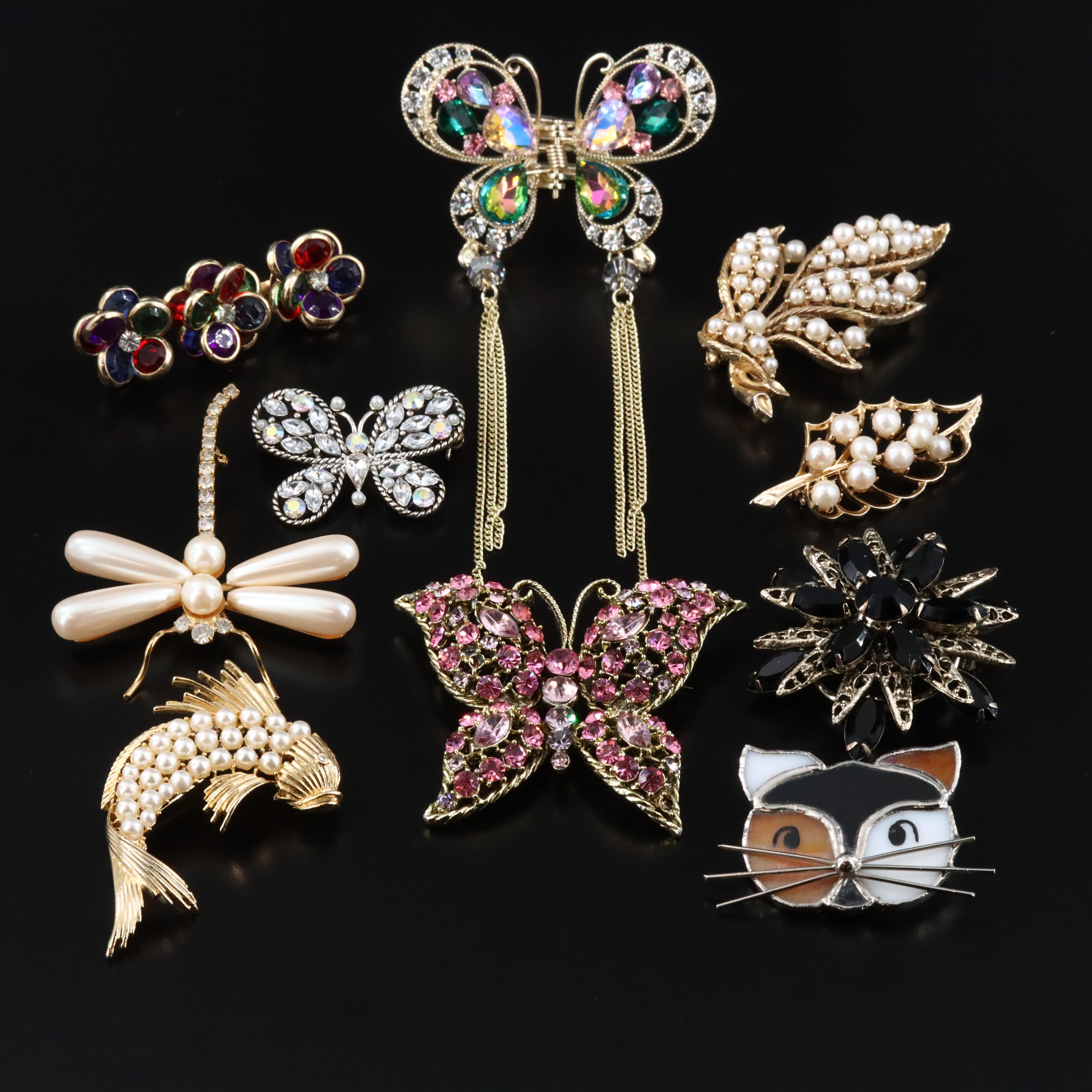 Vintage Animal and Floral Themed Brooch and Scarf Clip Collection
