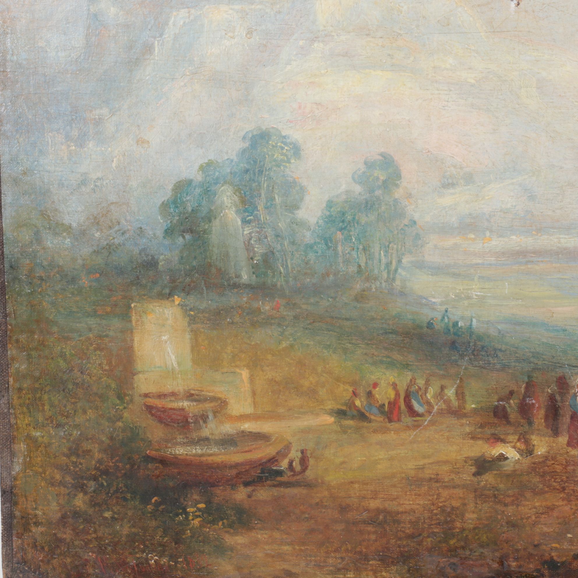 Oil Painting Scene of Townspeople Congregating in Nature, Mid-Late 19th Century