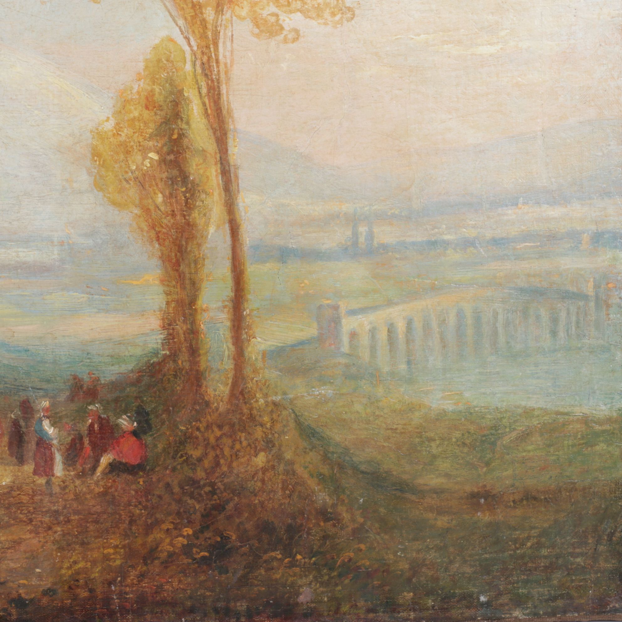 Oil Painting Scene of Townspeople Congregating in Nature, Mid-Late 19th Century
