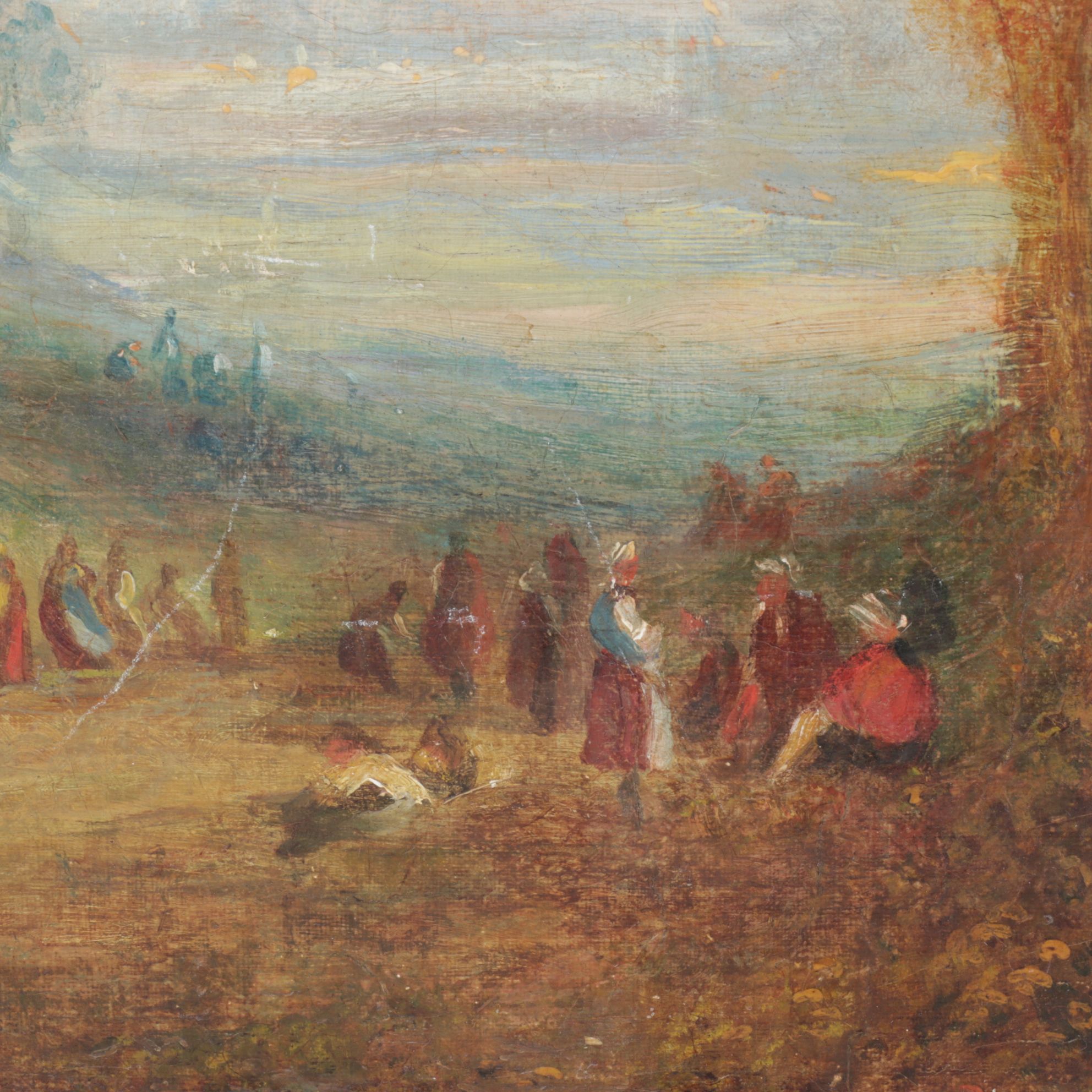 Oil Painting Scene of Townspeople Congregating in Nature, Mid-Late 19th Century