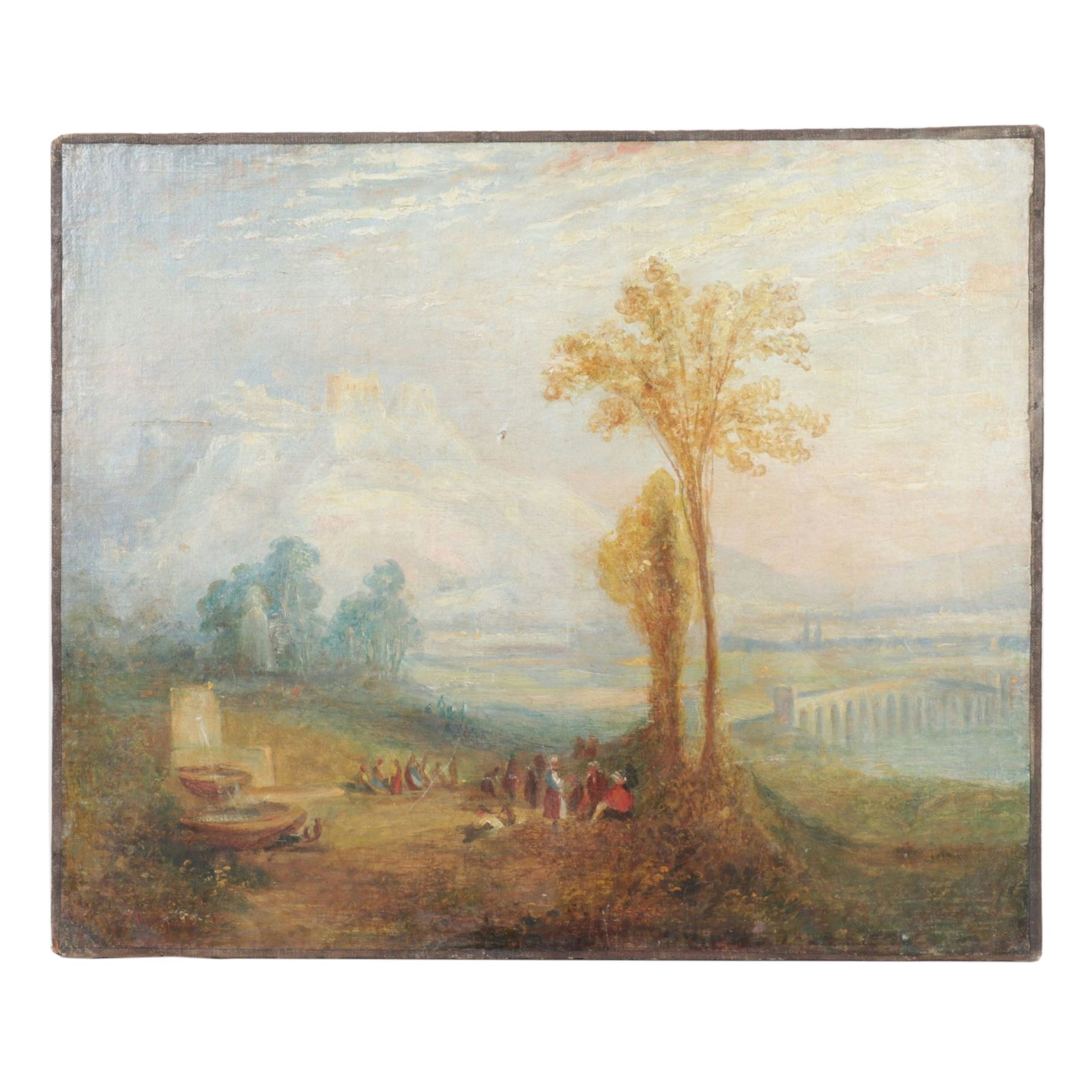 Oil Painting Scene of Townspeople Congregating in Nature, Mid-Late 19th Century