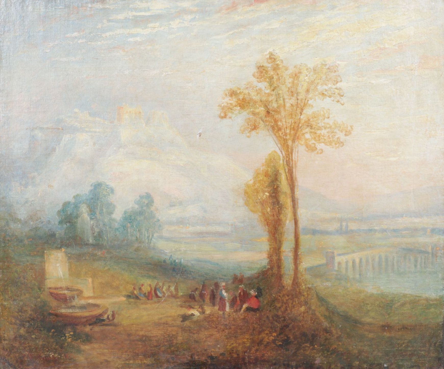 Oil Painting Scene of Townspeople Congregating in Nature, Mid-Late 19th Century