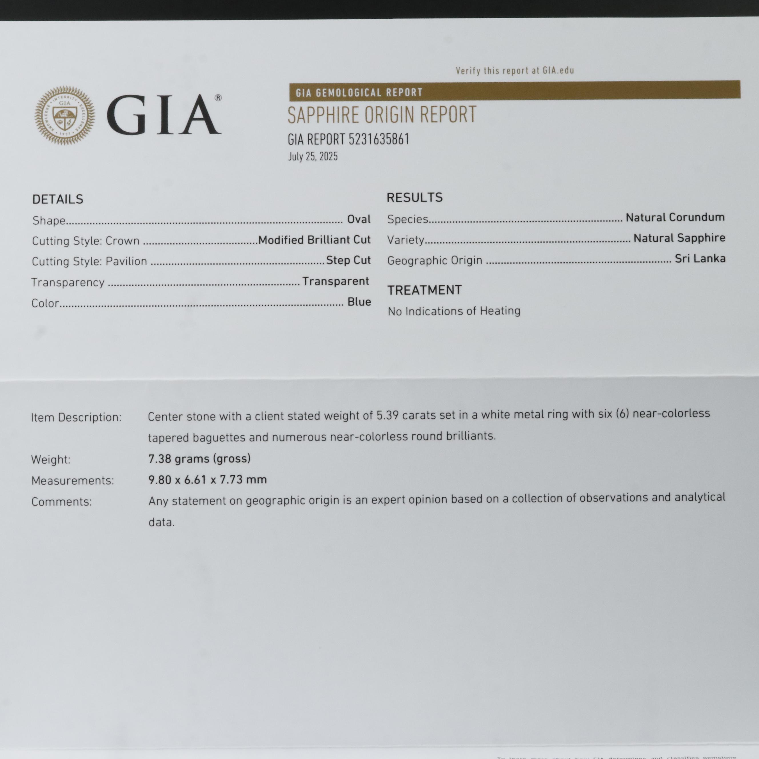 Platinum 5.39 CT Ceylon Sapphire and Diamond Ring with GIA Report