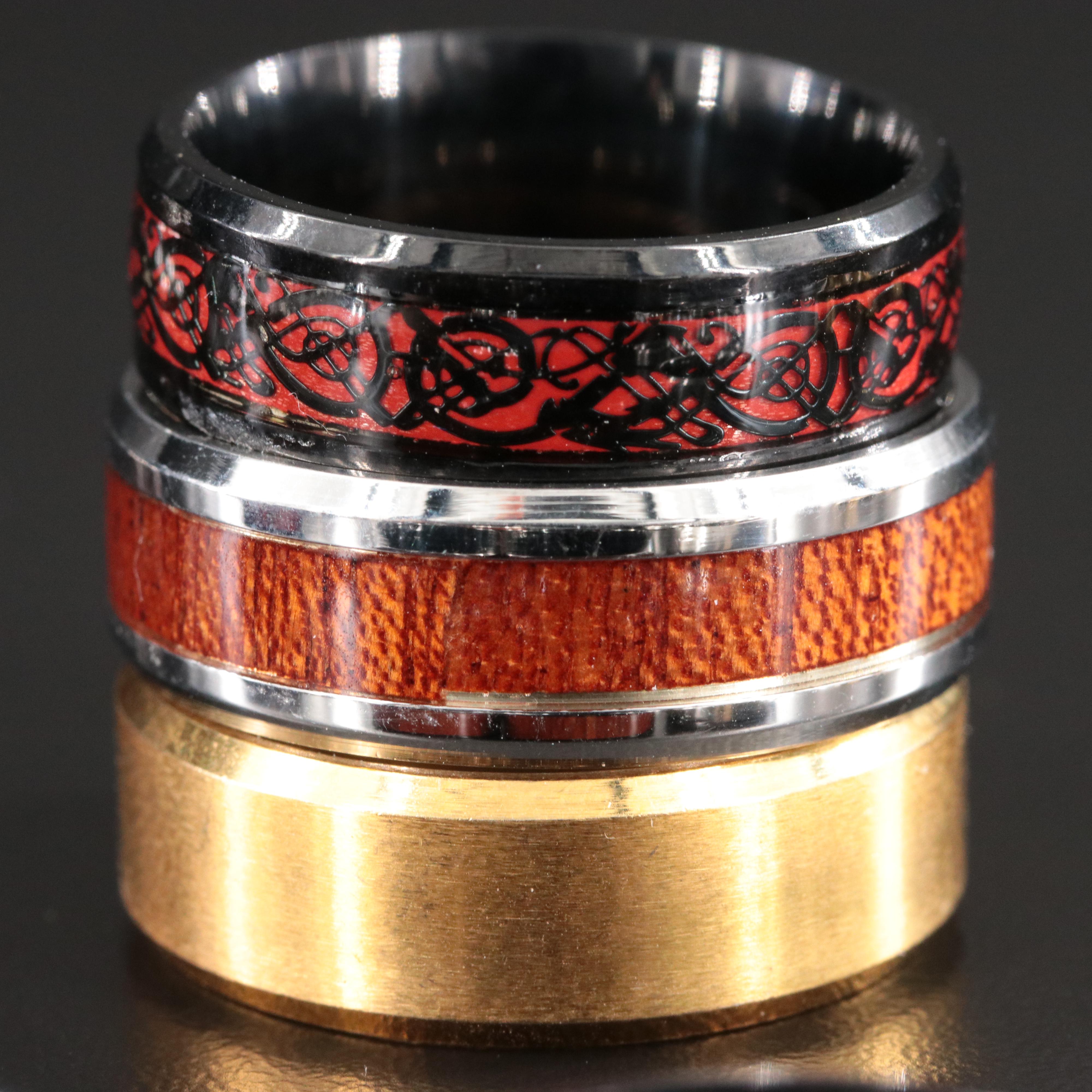 Ring Collection with Wood and Enamel Inlay