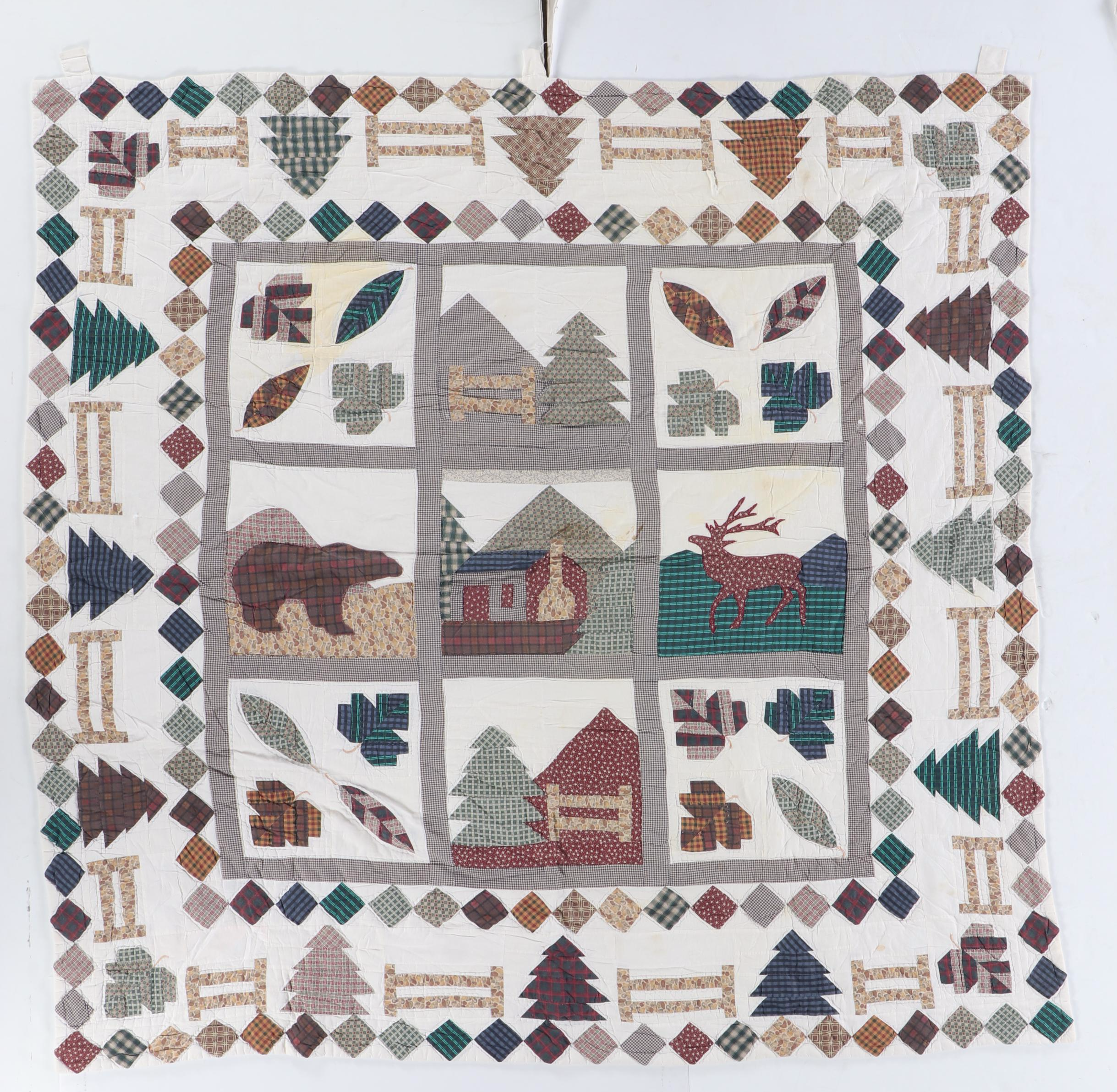 Double Wedding Ring Cotton Quilt with Cabin Style Hanging Quilt