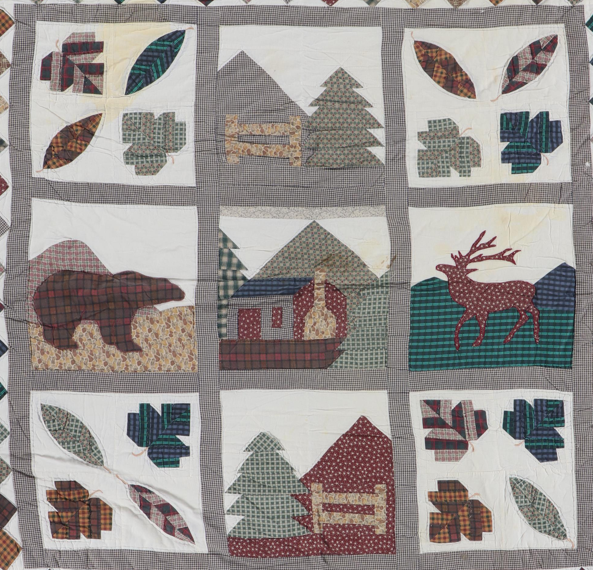 Double Wedding Ring Cotton Quilt with Cabin Style Hanging Quilt