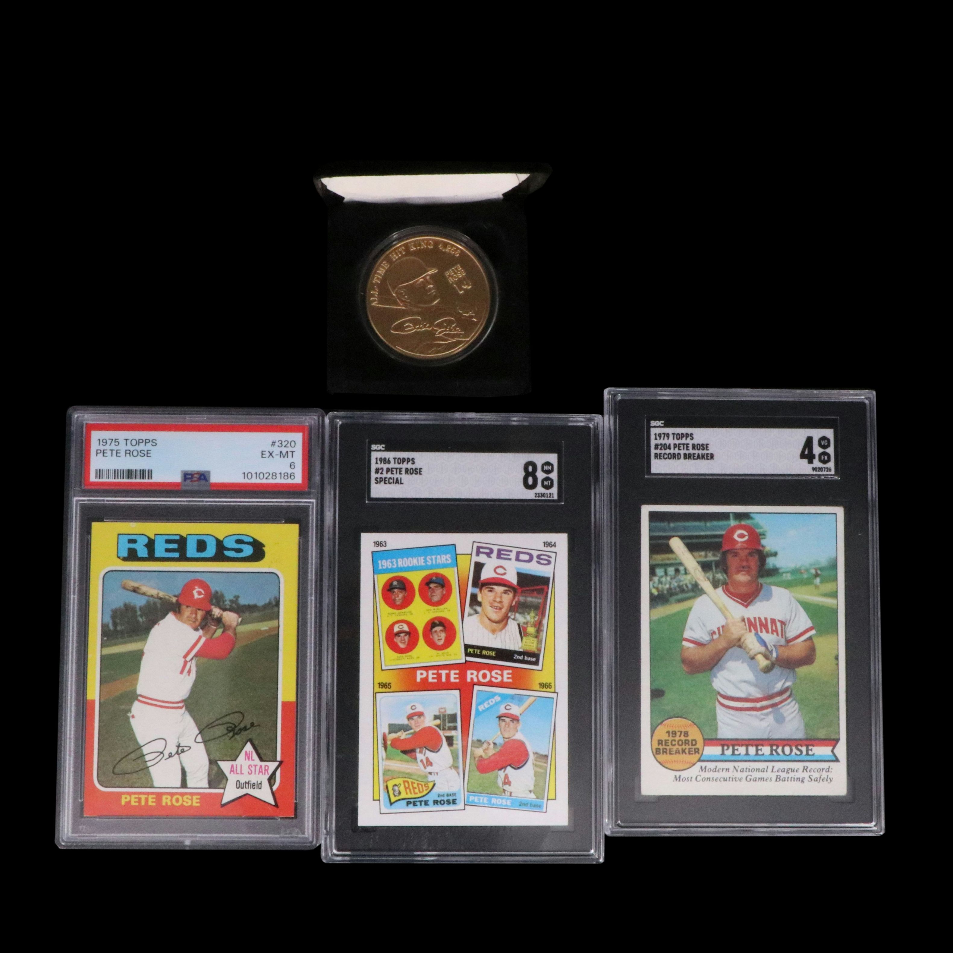 Pete Rose SGC and PSA Graded Baseball Cards with Bronze Coin