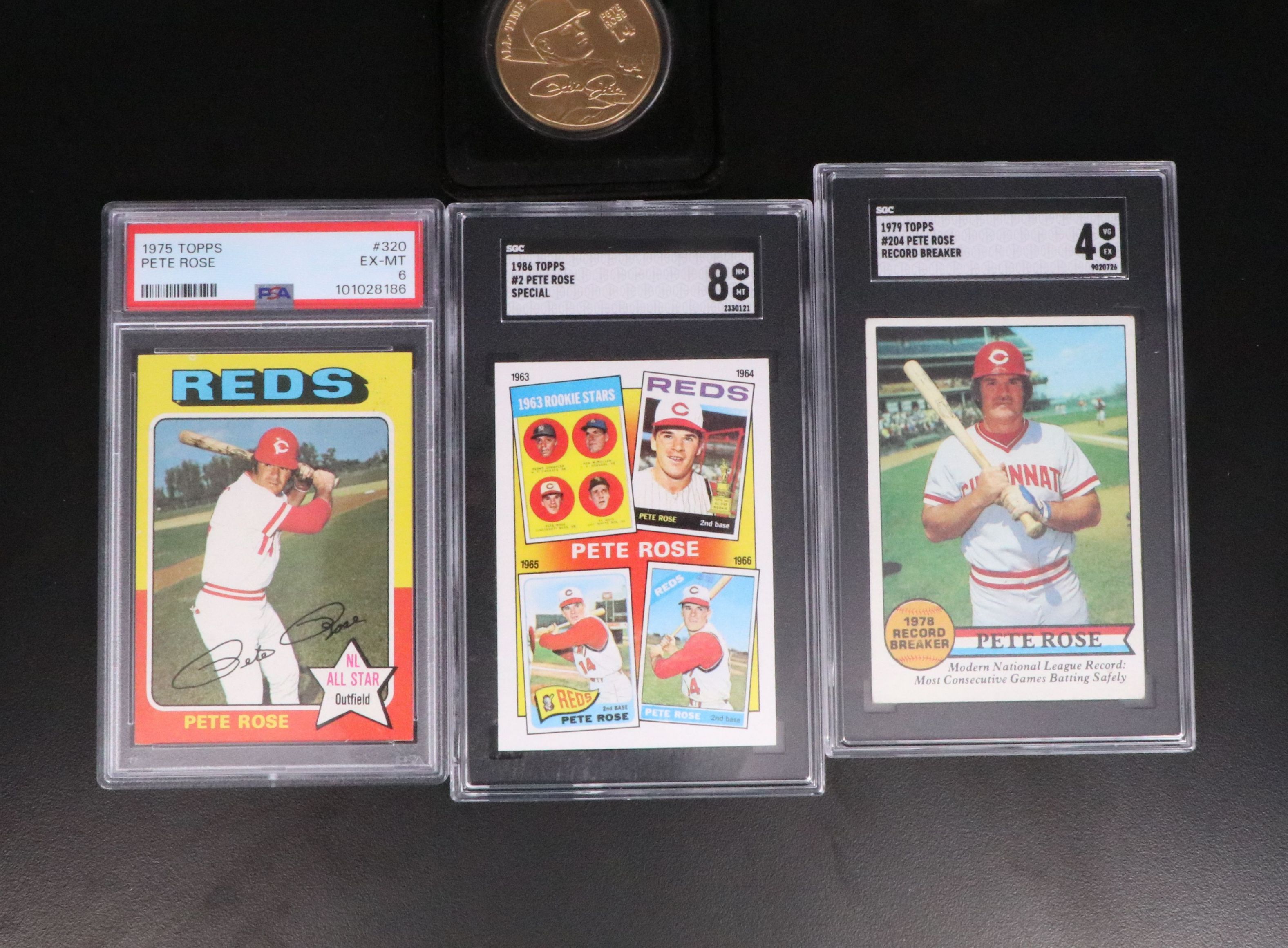 Pete Rose SGC and PSA Graded Baseball Cards with Bronze Coin