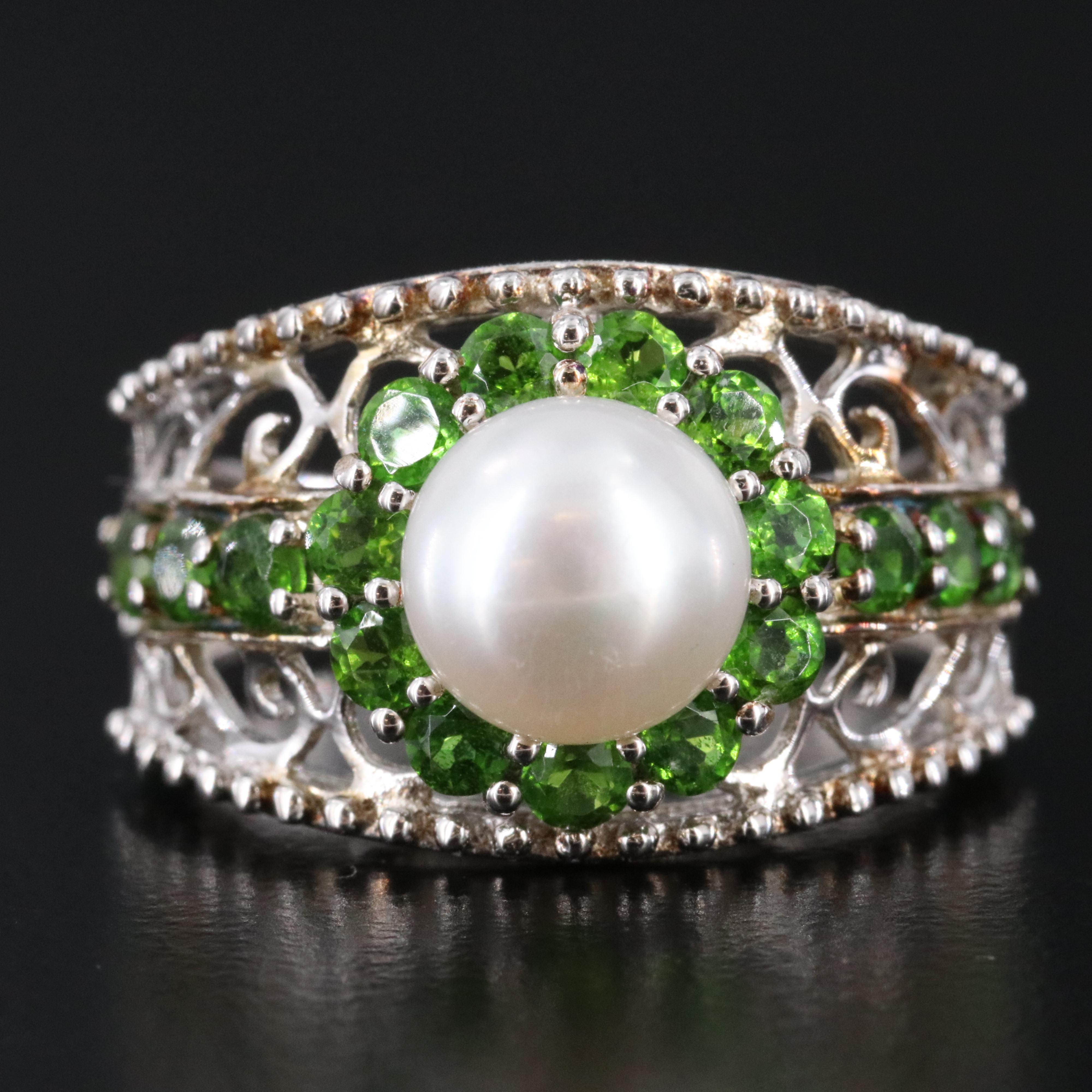 Sterling Pearl and Diopside Ring
